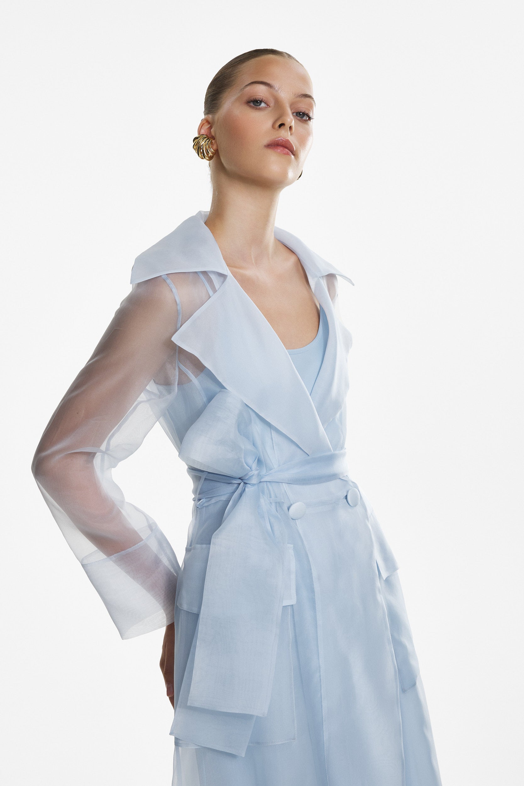 See through blue organza trench dress