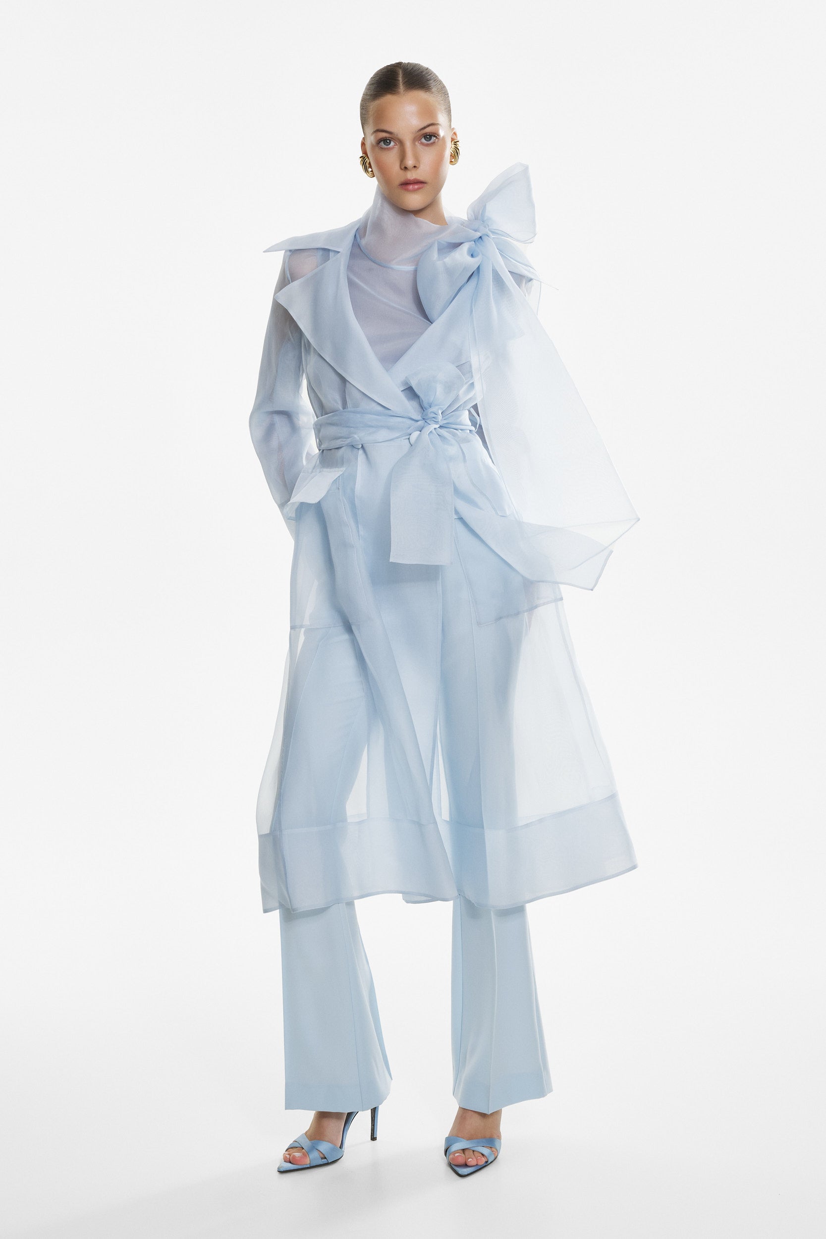 See through blue organza trench dress