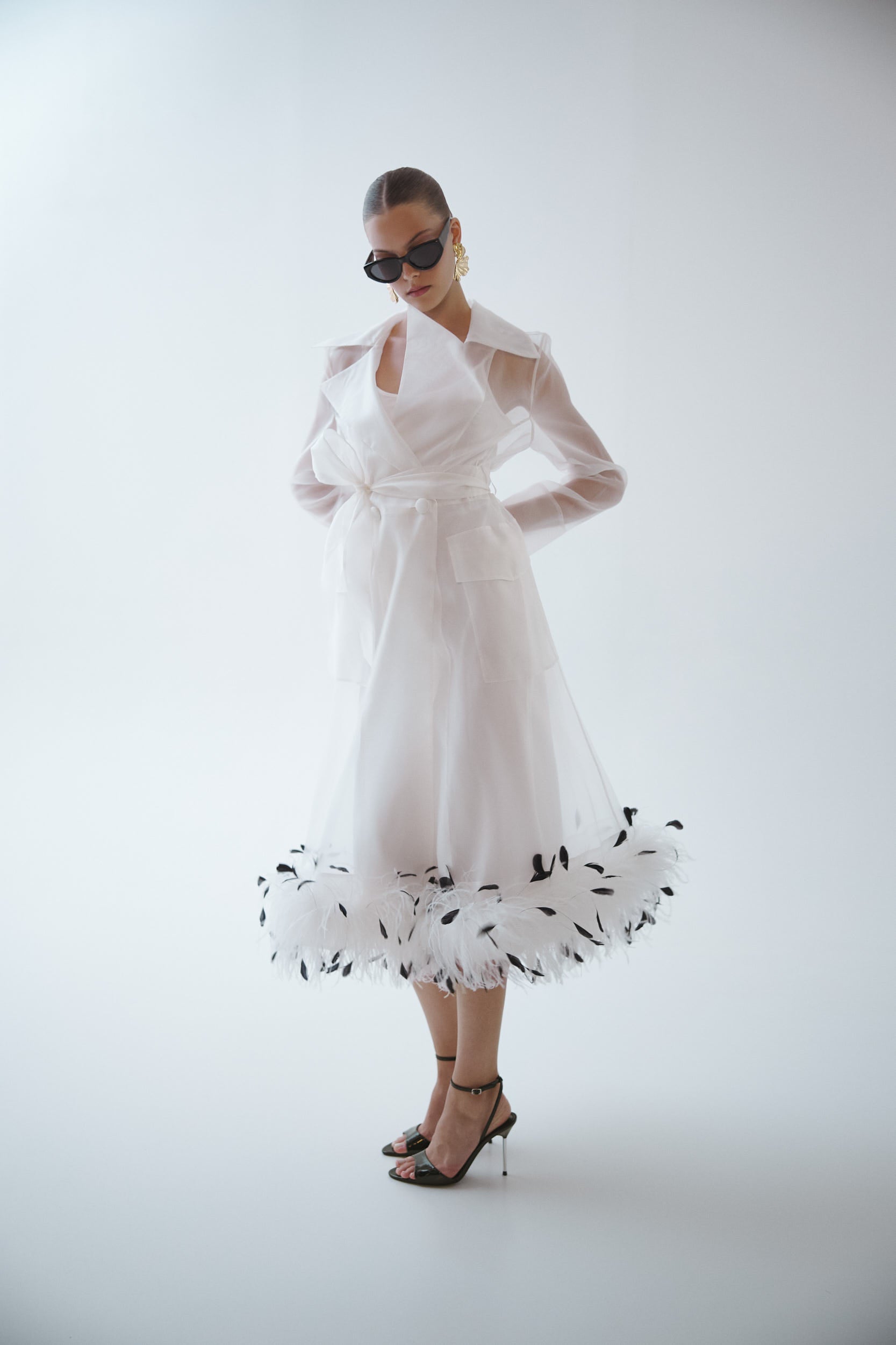Sheer organza trench dress in white