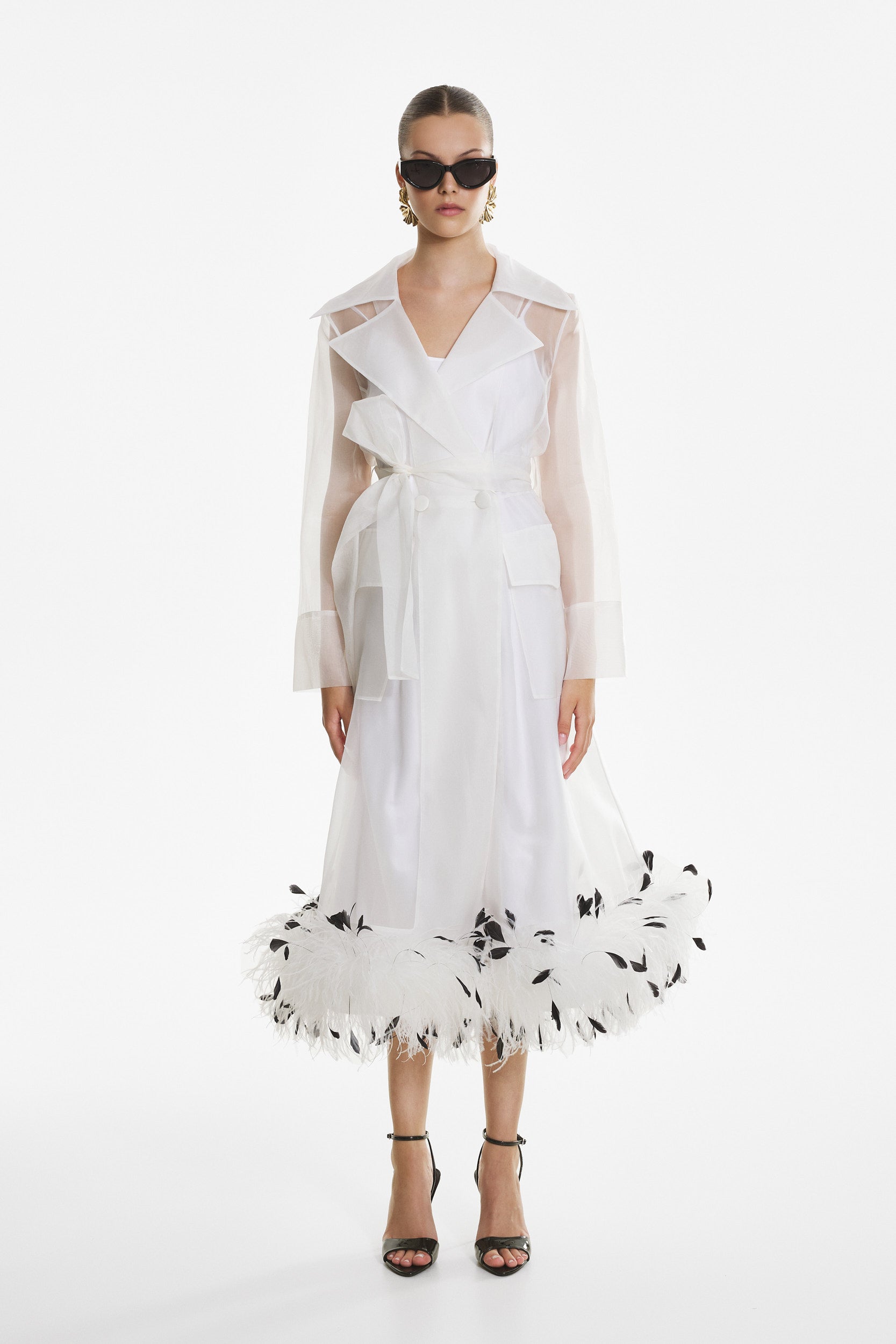 Sheer organza trench dress in white