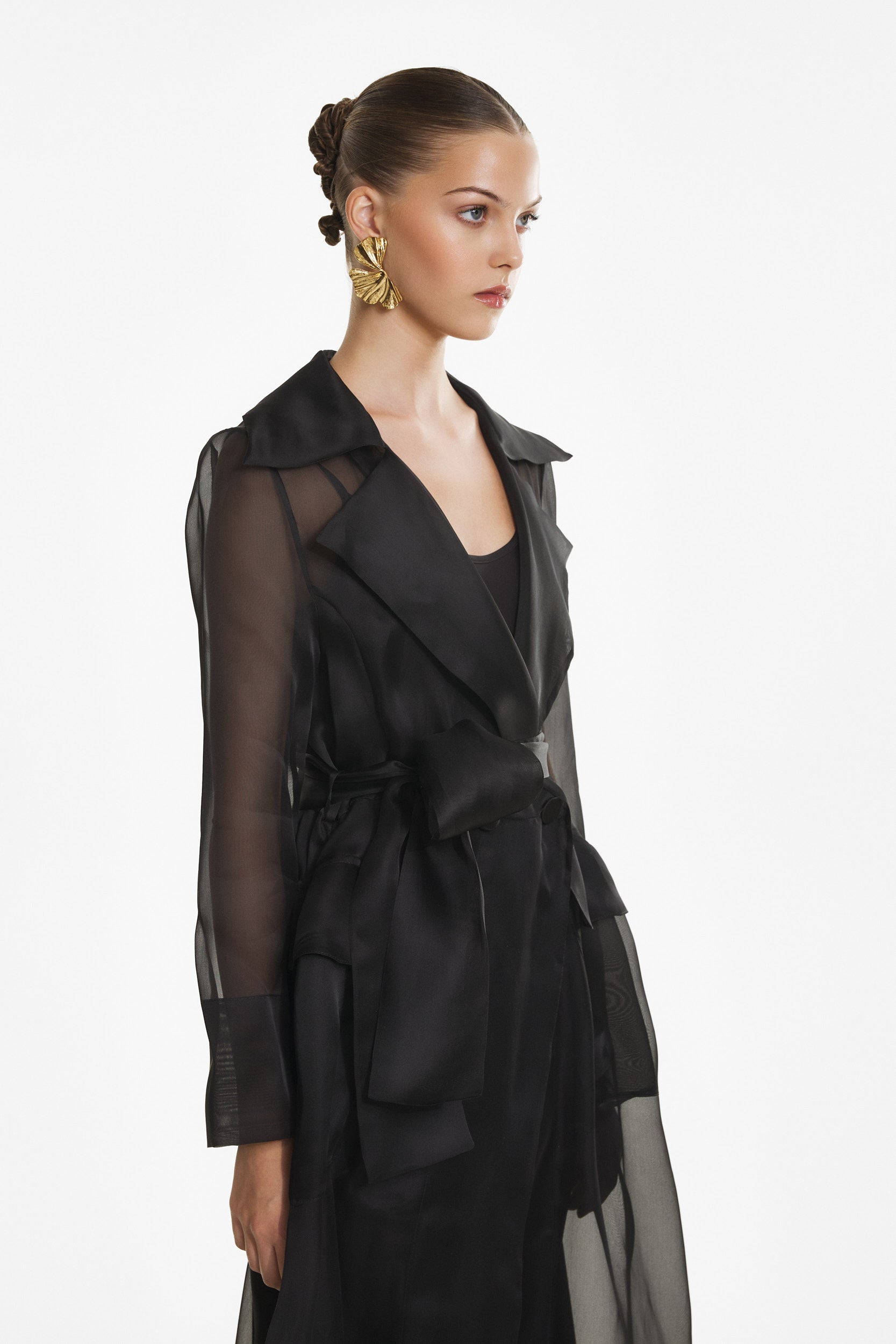 Sheer organza trench dress in black