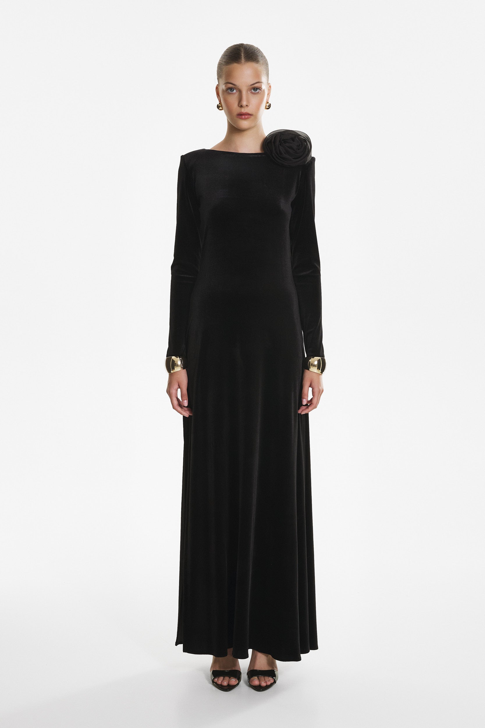 Black velvet flower appliqué dress