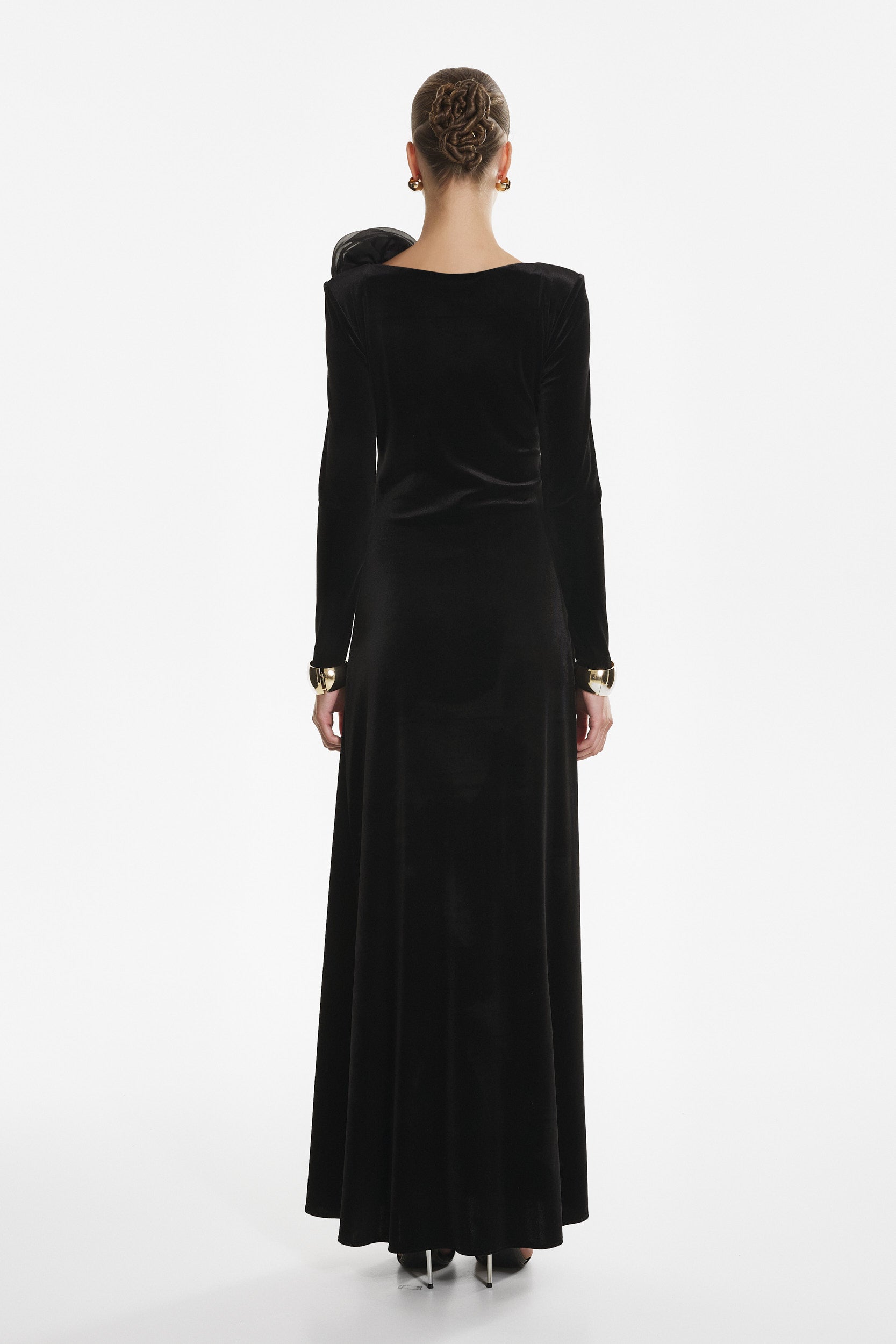 Black velvet flower appliqué dress