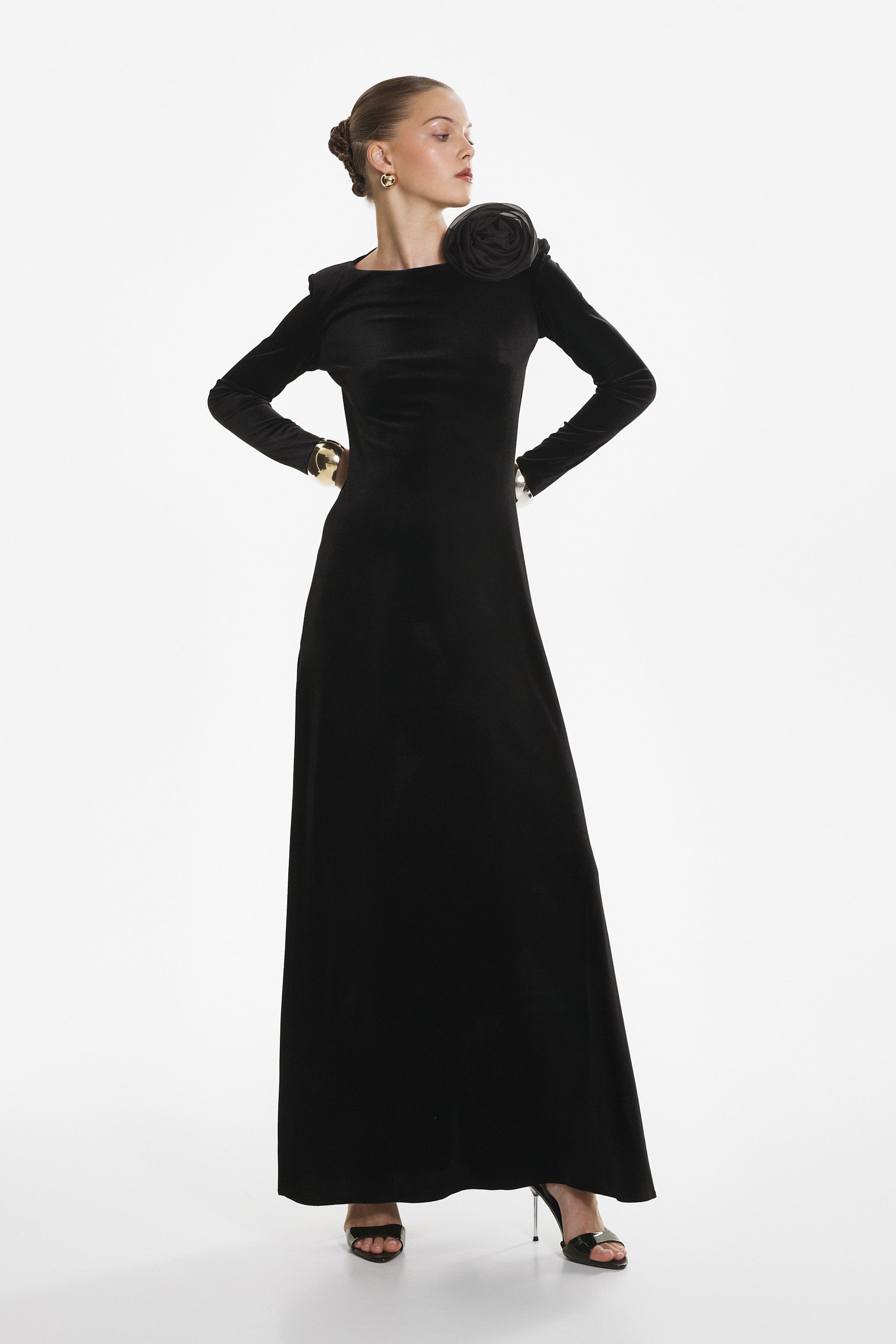 Black velvet flower appliqué dress