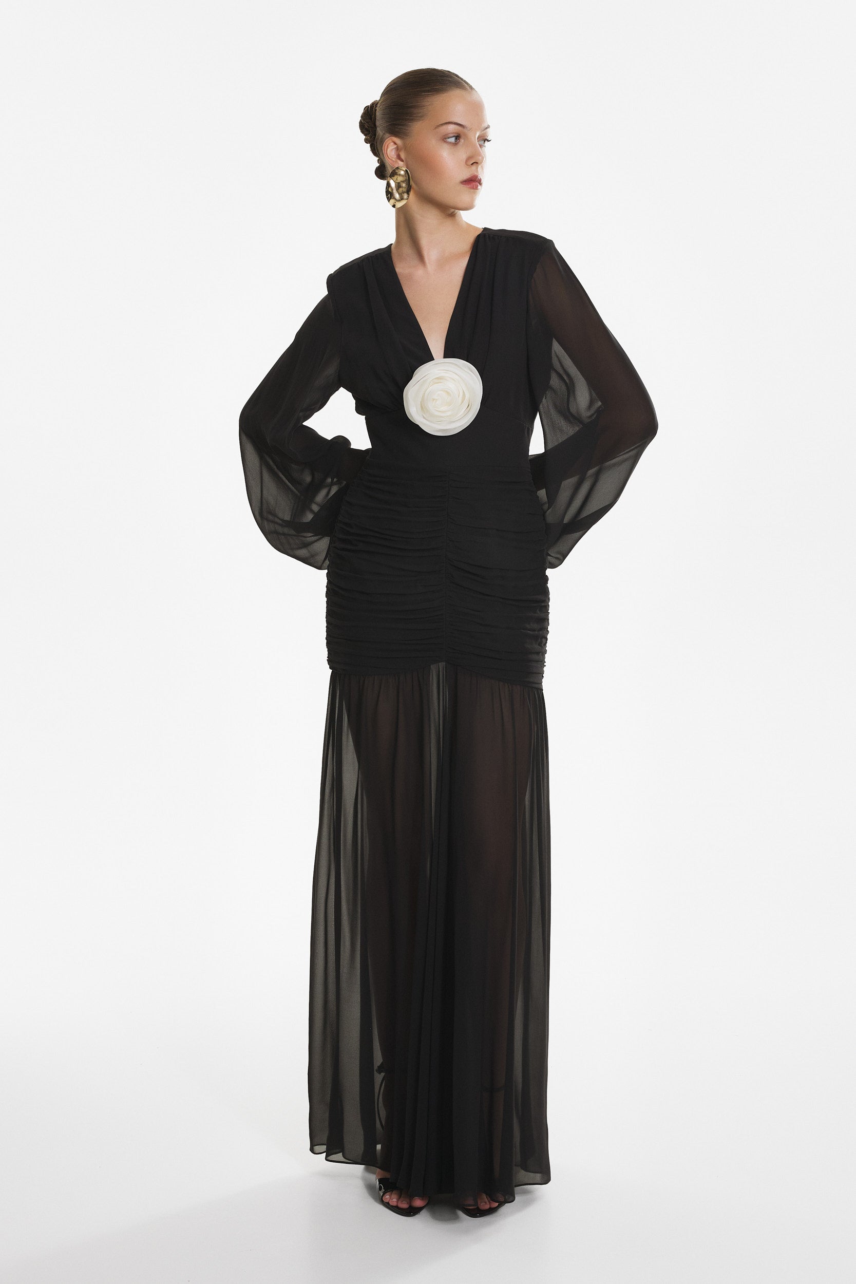 Ruched maxi dress in black