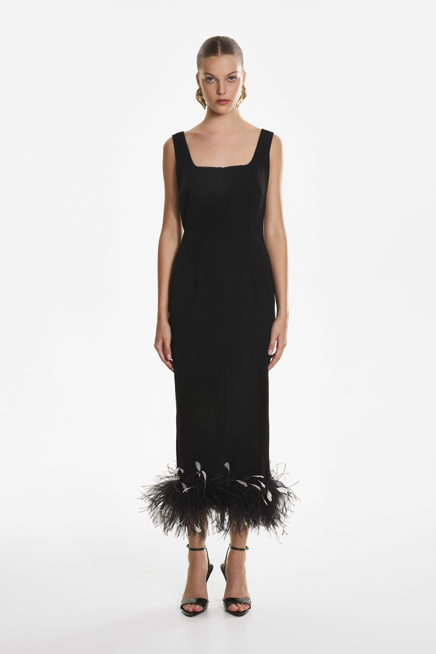 Black crepe feather midi dress