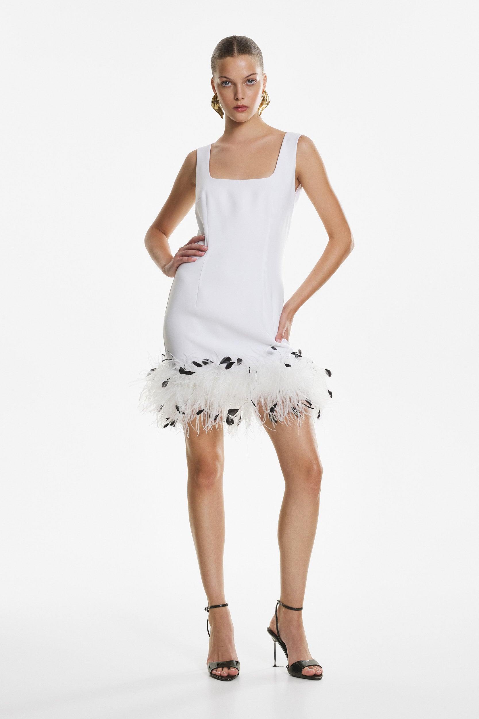 White crepe feather mini dress