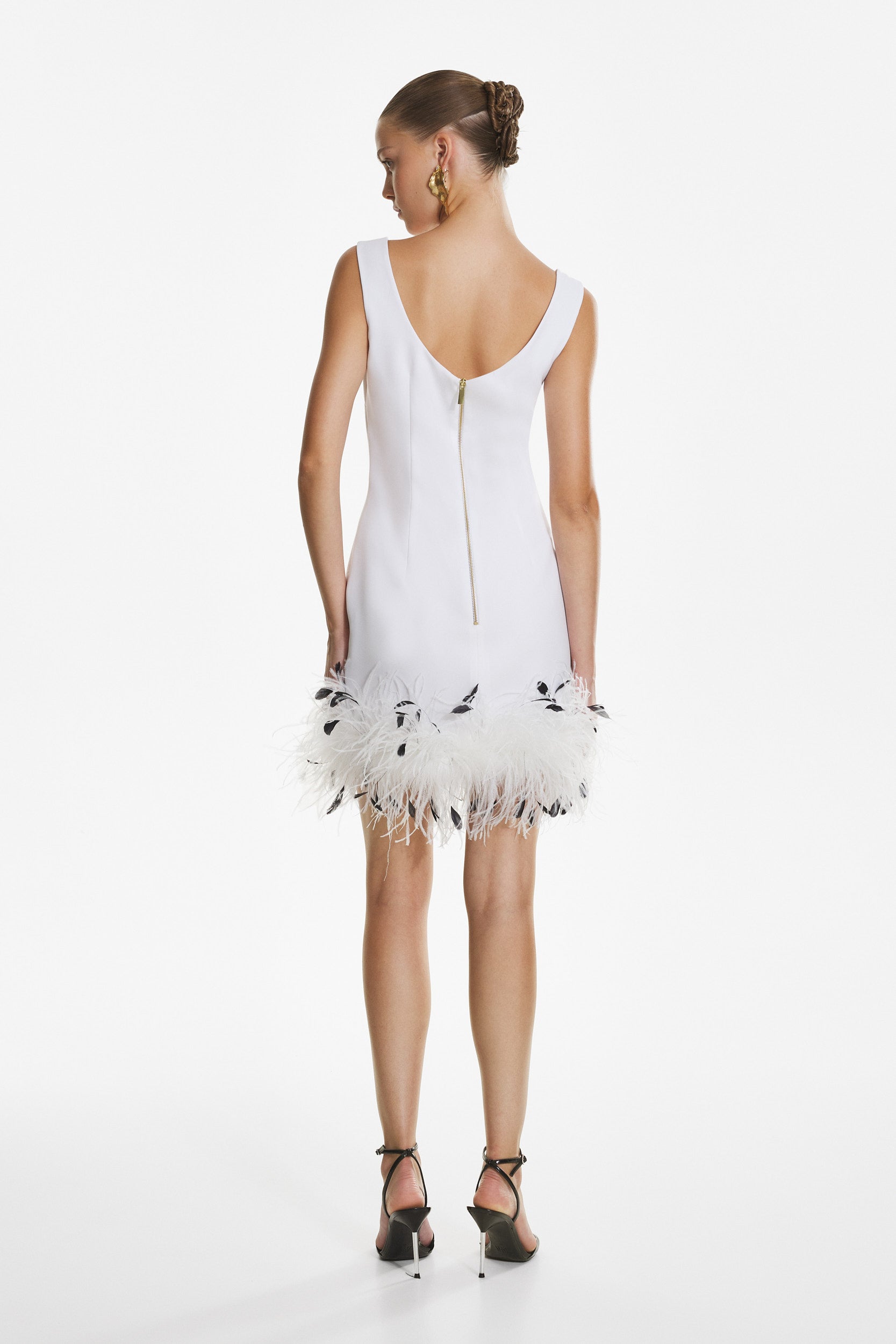 White crepe feather mini dress