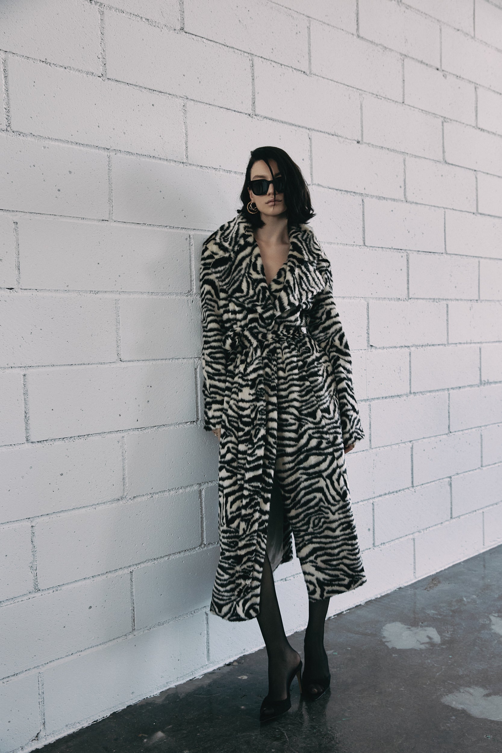 Long faux fur coat in zebra print