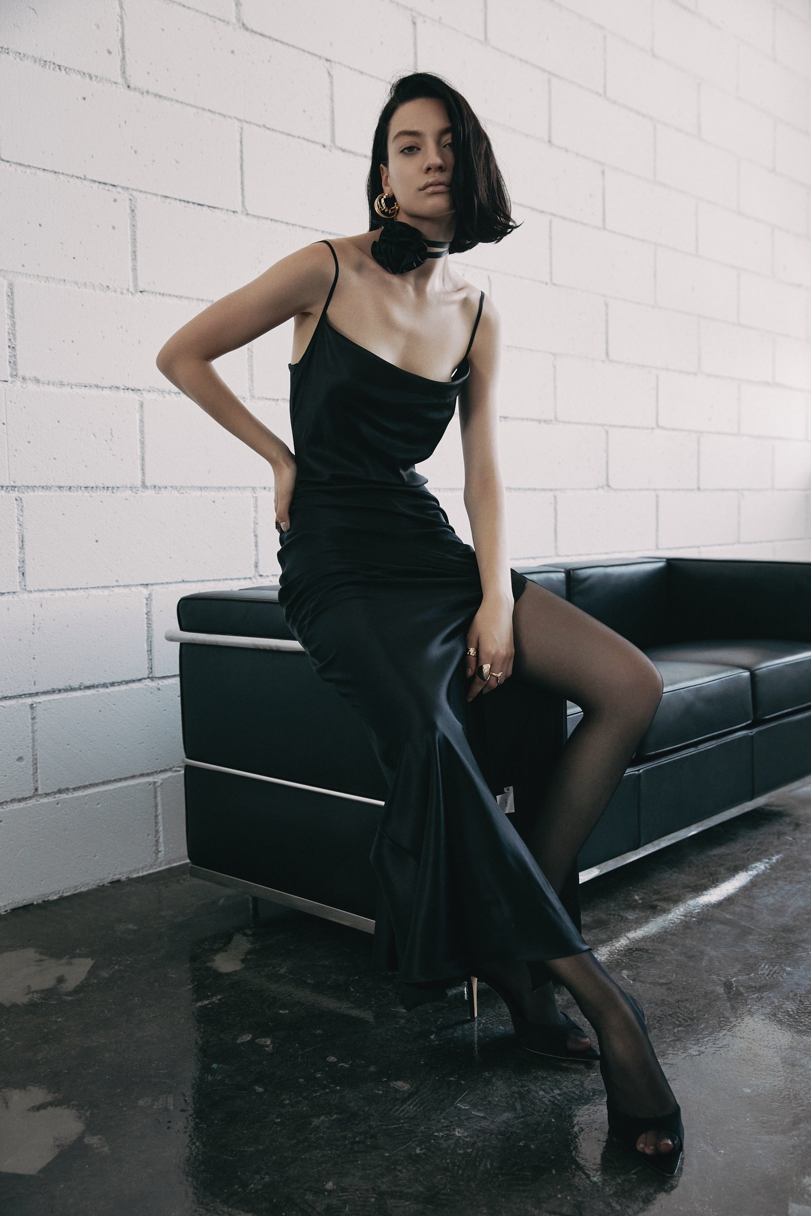 Floor-length silk dress in black