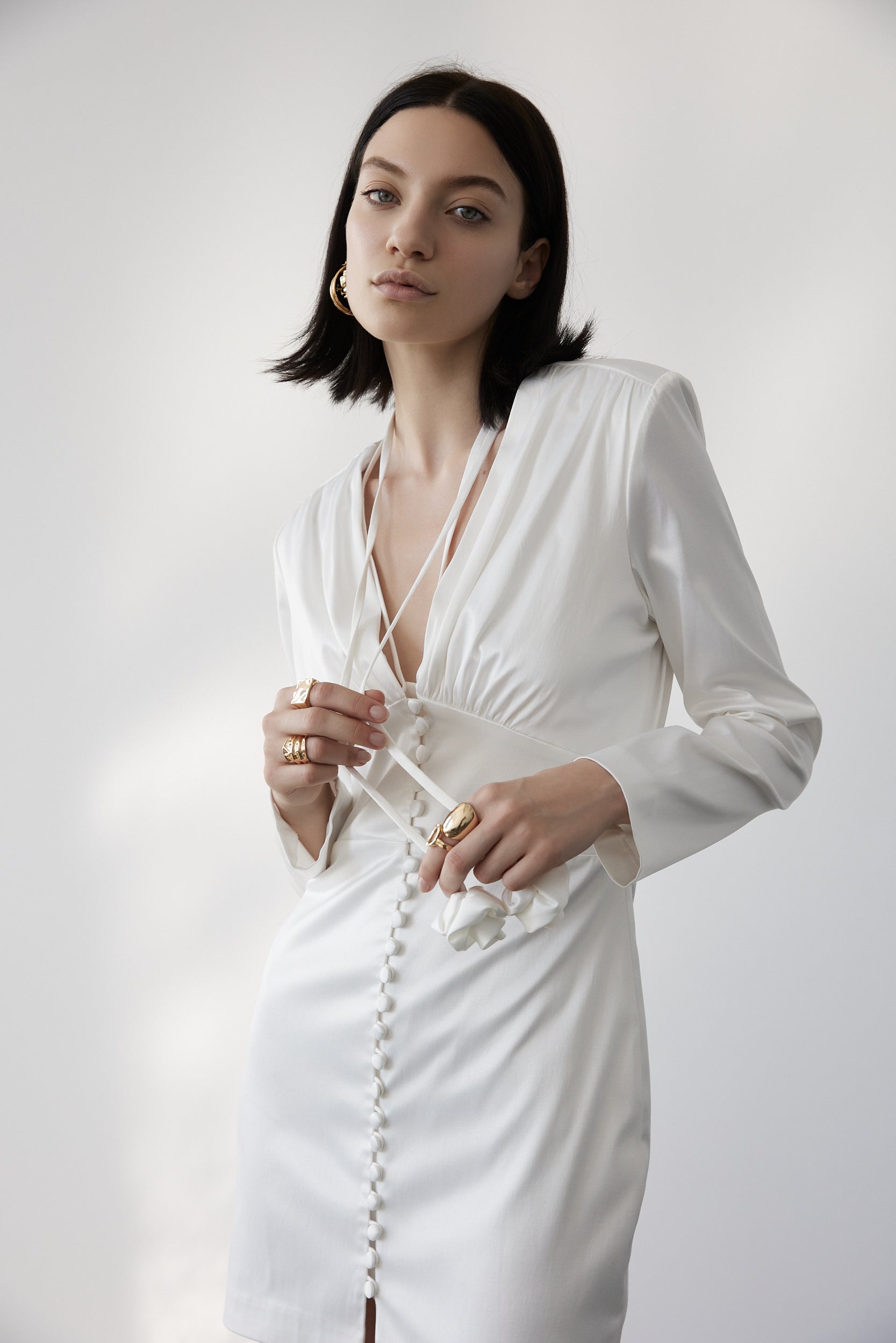 Button-up satin mini dress in white