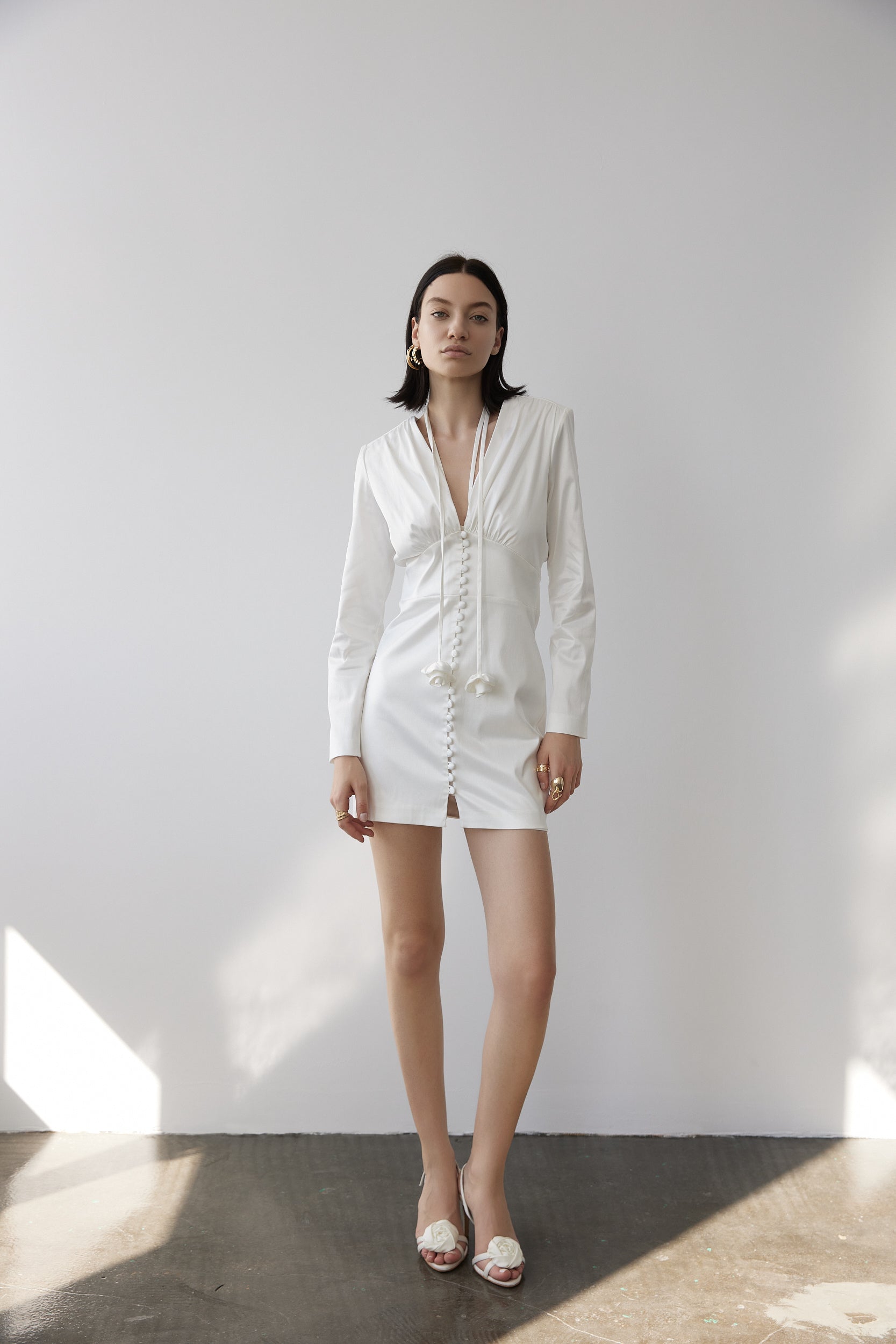 Button-up satin mini dress in white