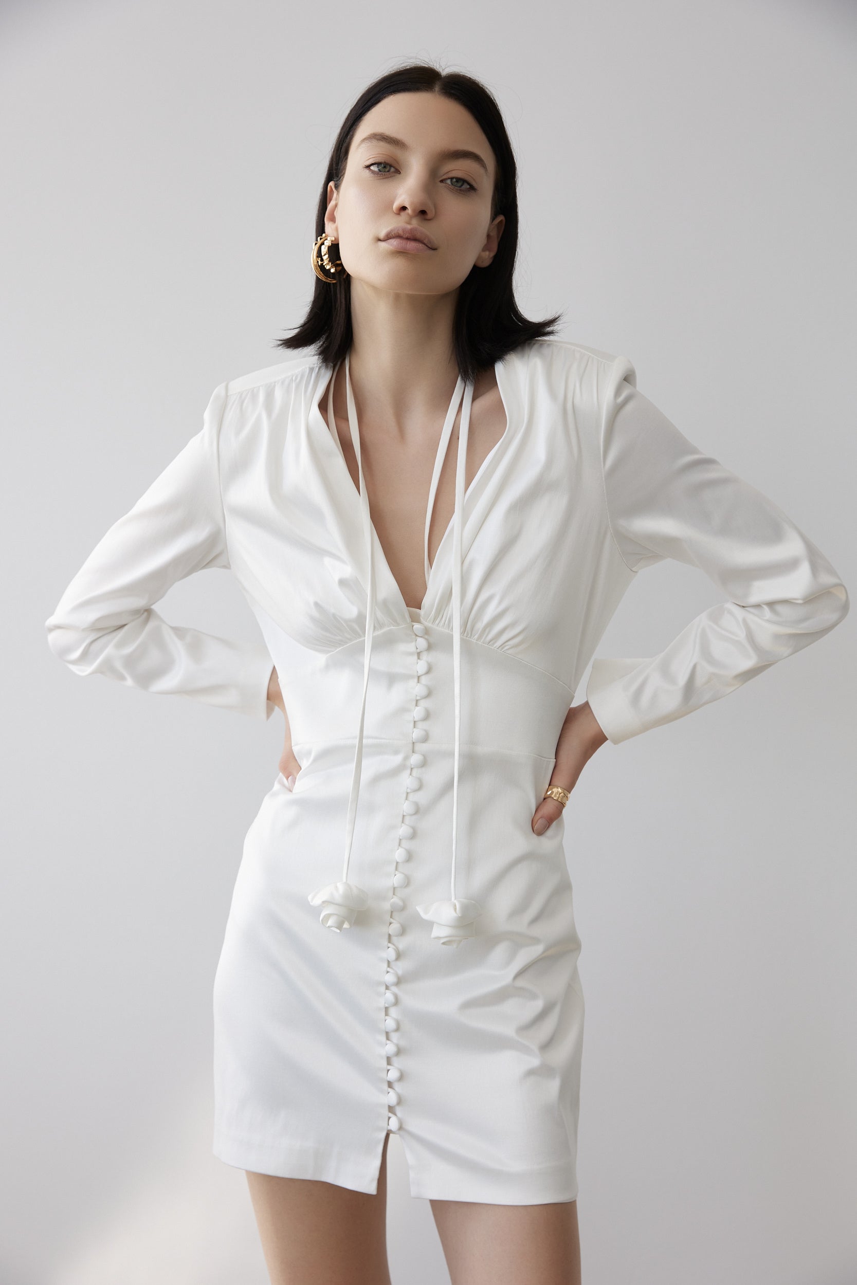 Button-up satin mini dress in white