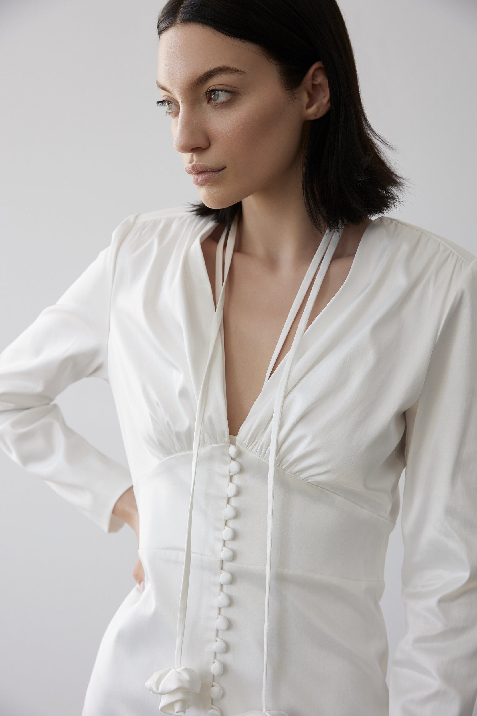 Button-up satin mini dress in white
