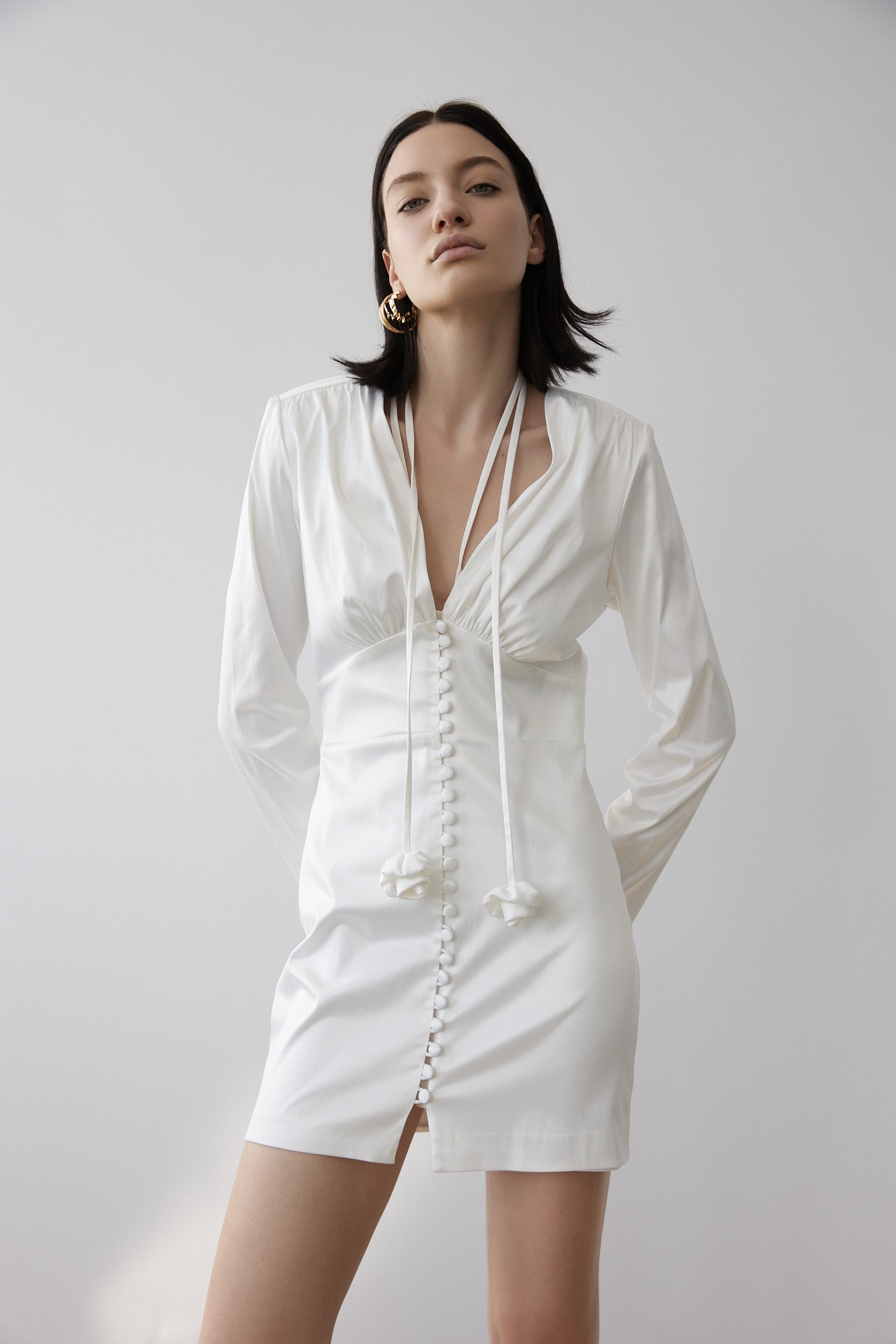 Button-up satin mini dress in white