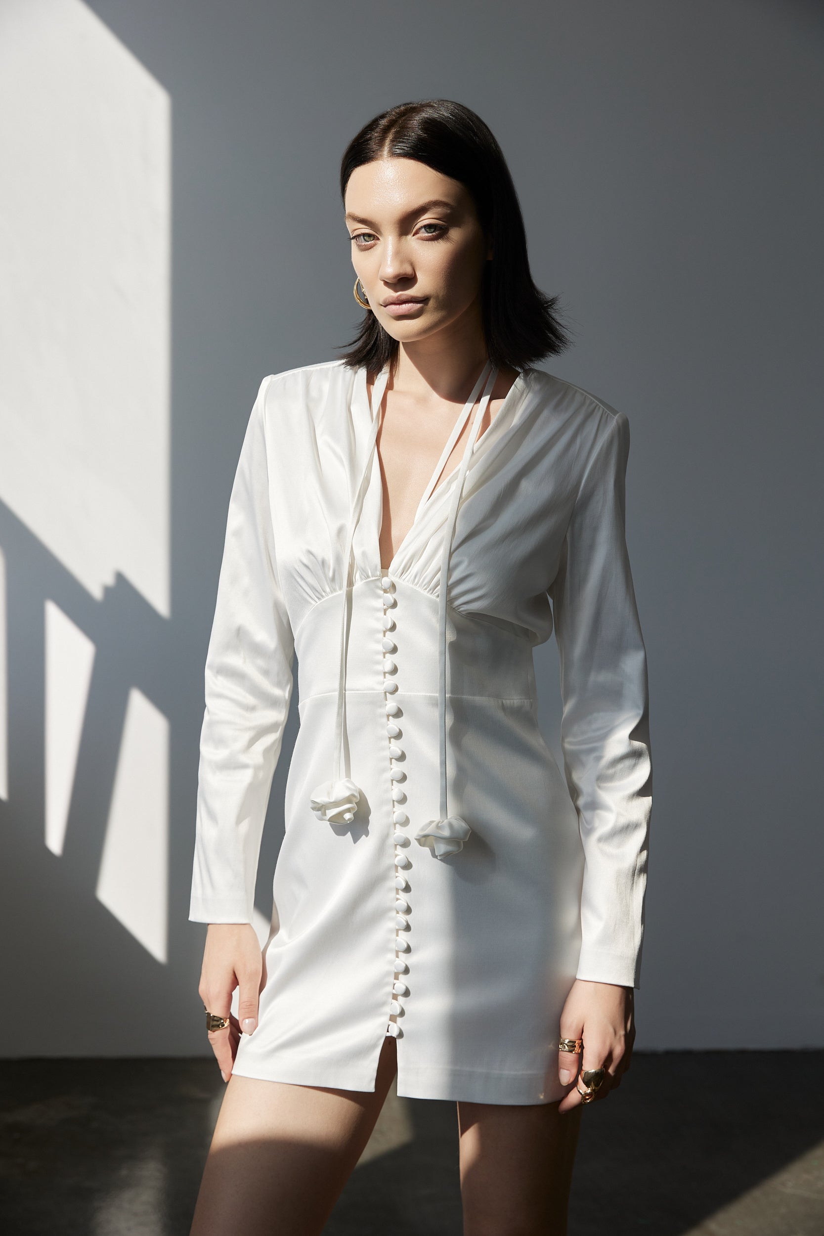 Button-up satin mini dress in white
