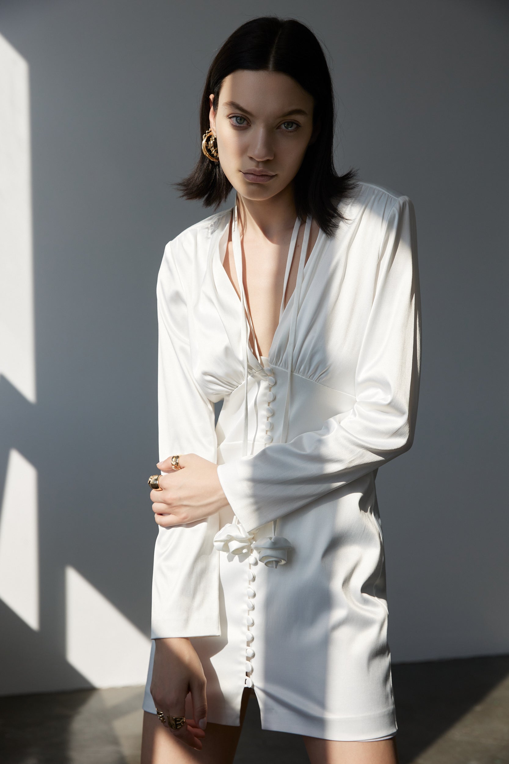 Button-up satin mini dress in white