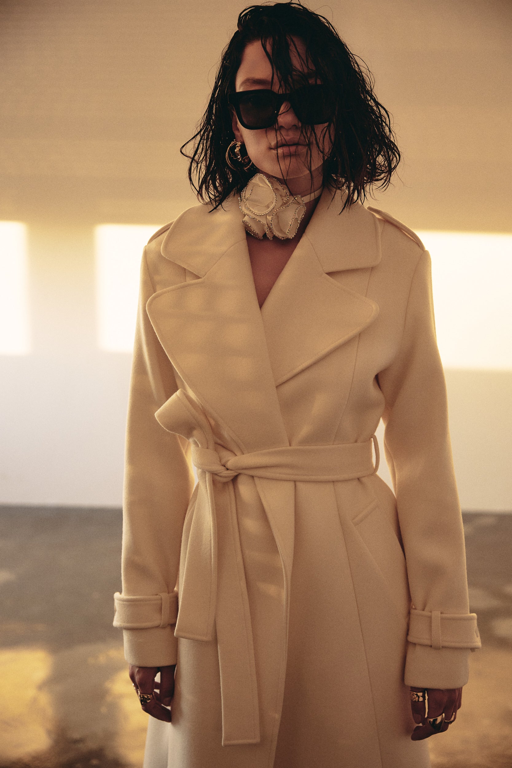 Wool and cashmere trench coat in white