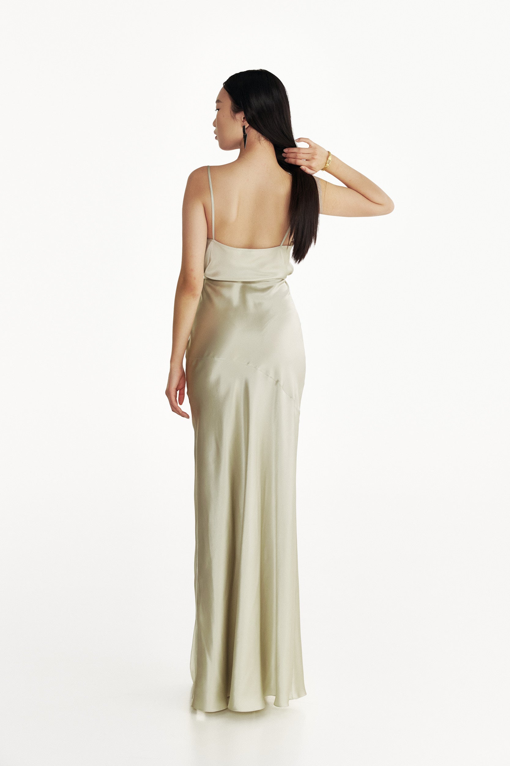 Floor-length silk dress in green