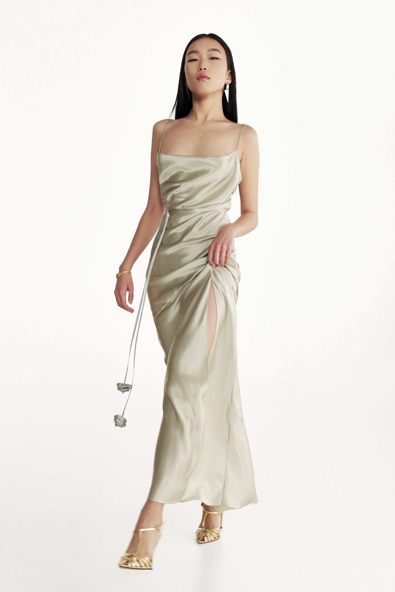 Floor-length silk dress in green