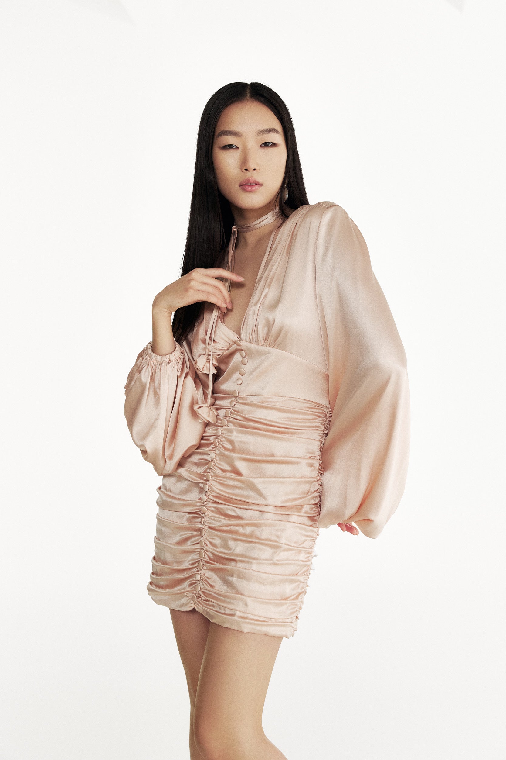 Ruched mini dress in pink satin
