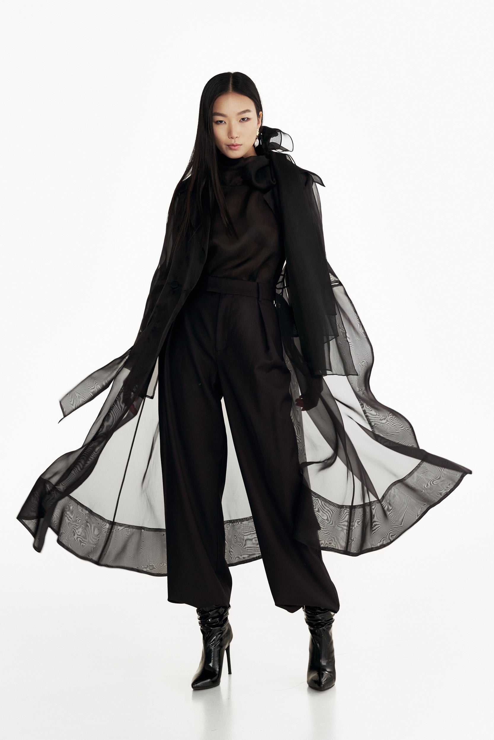 See through black organza trench coat