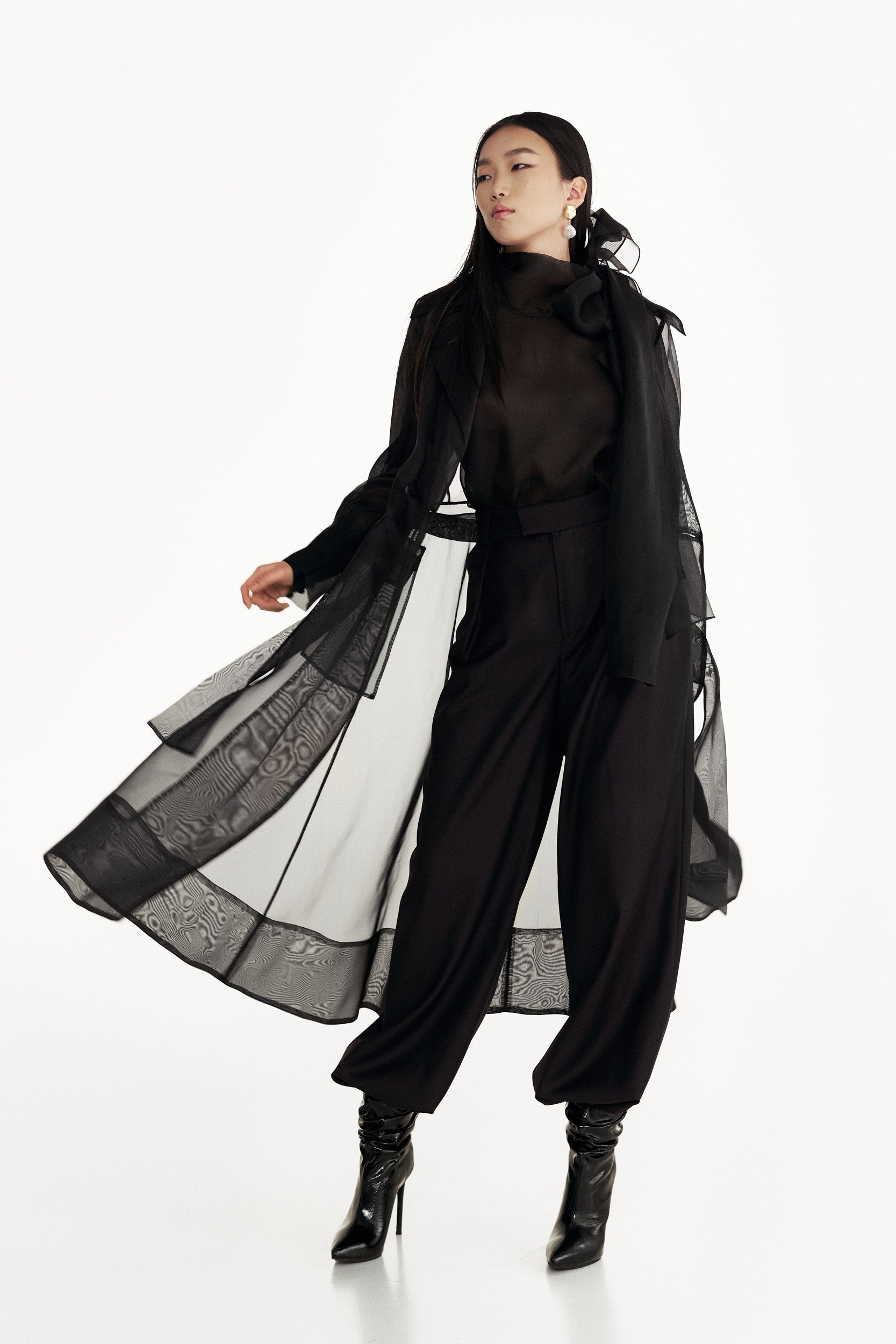 See through black organza trench coat
