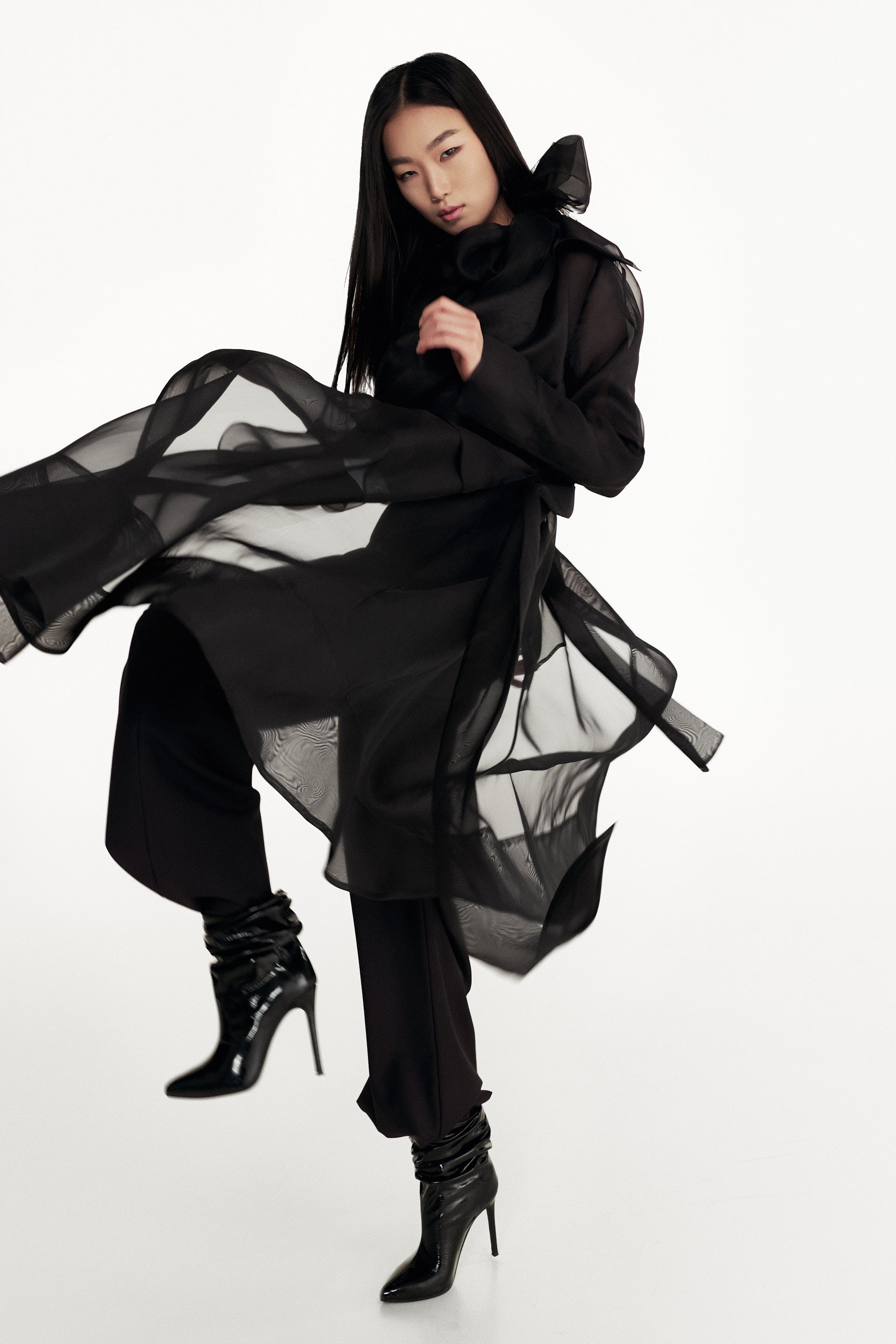 See through black organza trench coat