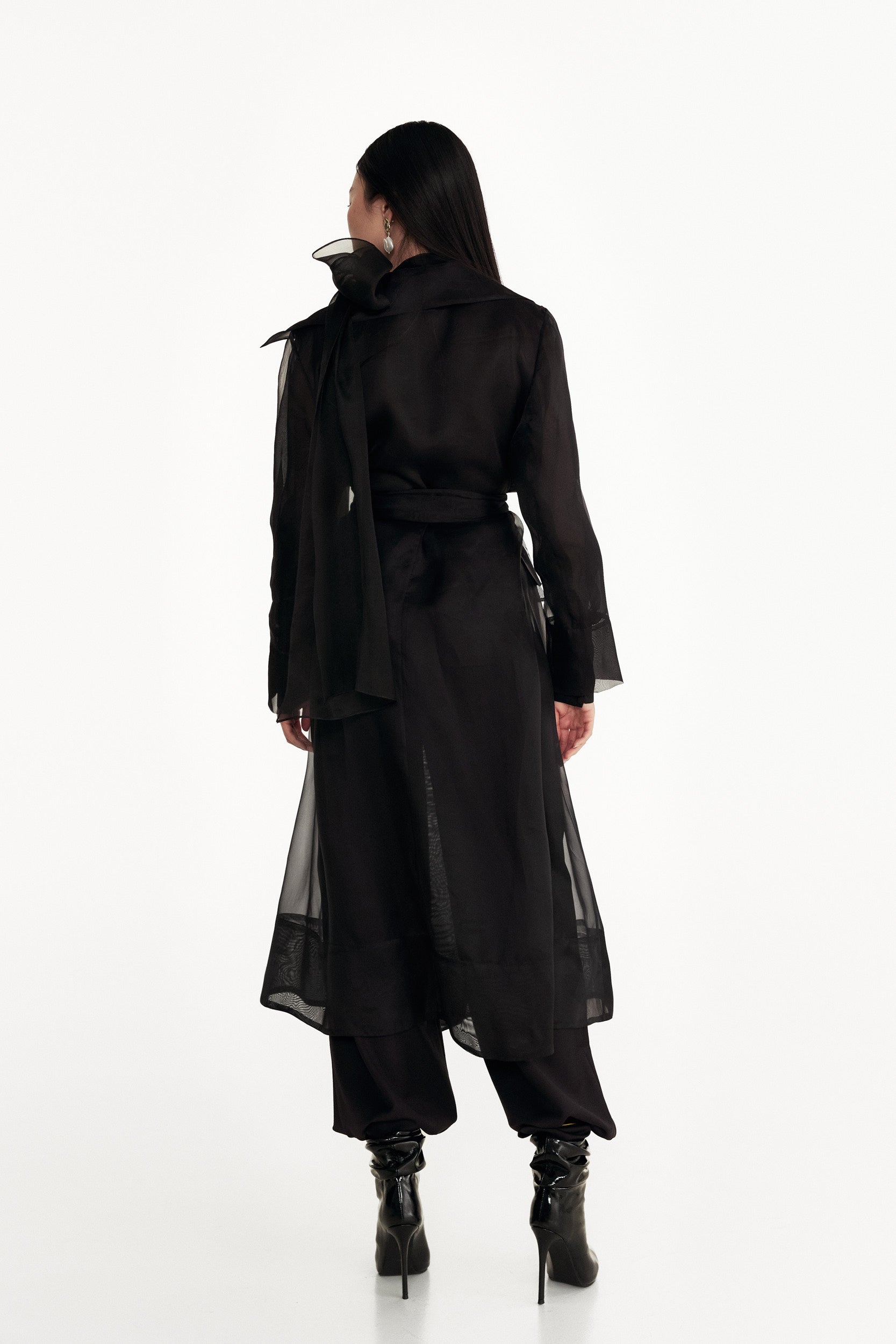 See through black organza trench coat