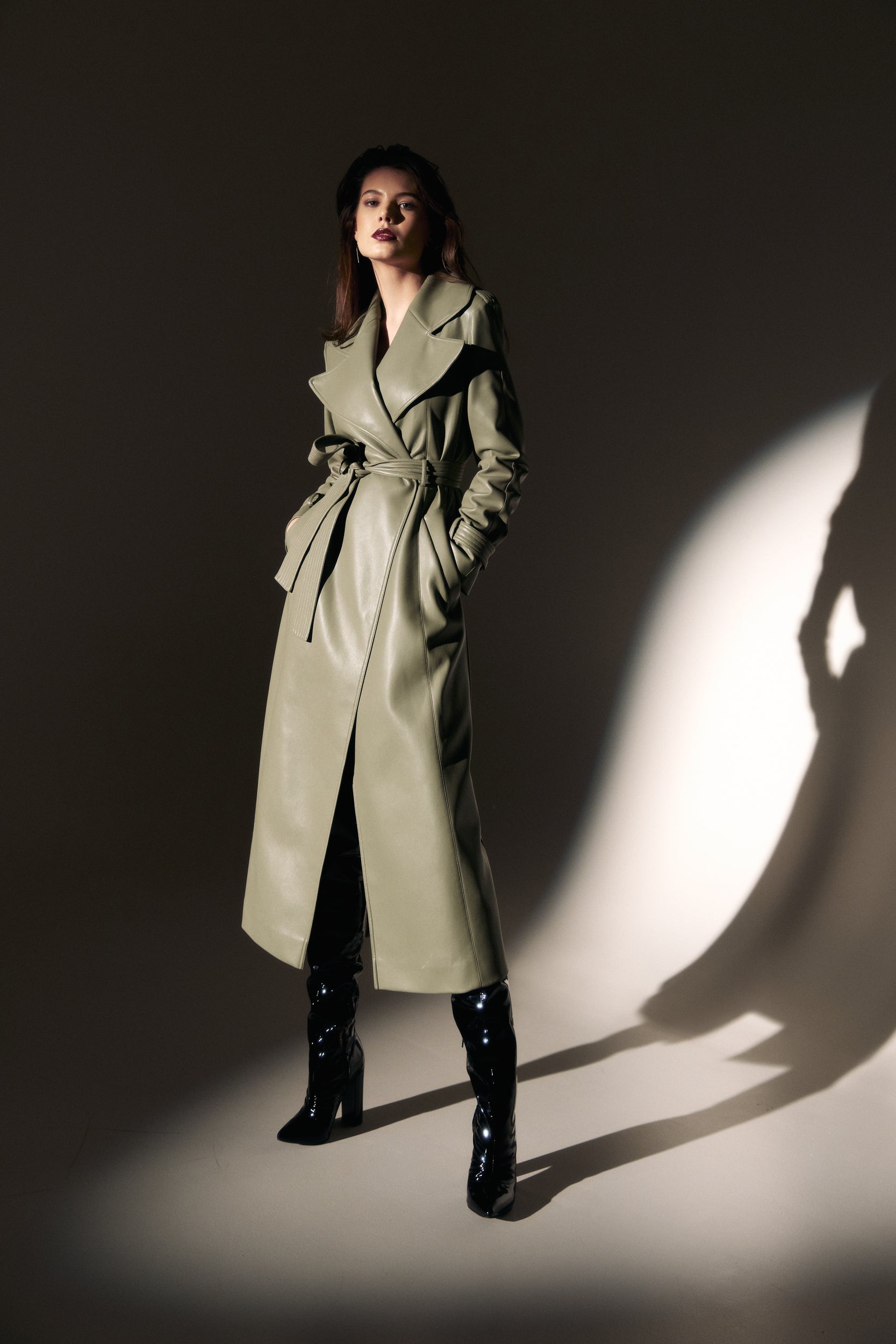 Vegan leather trench coat in green
