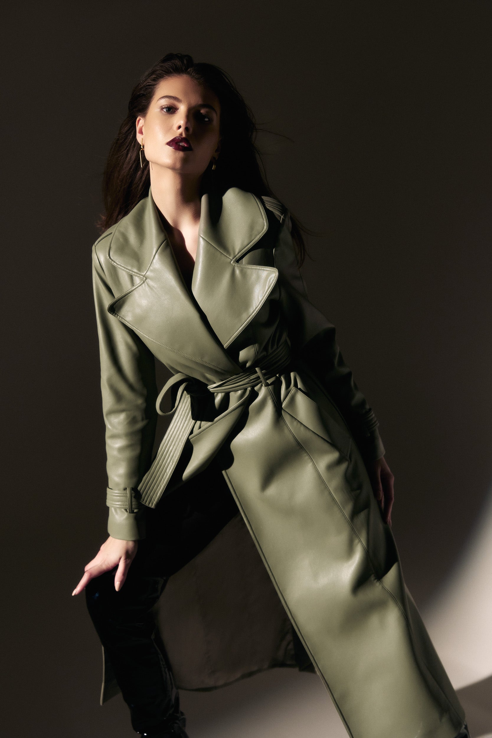 Vegan leather trench coat in green