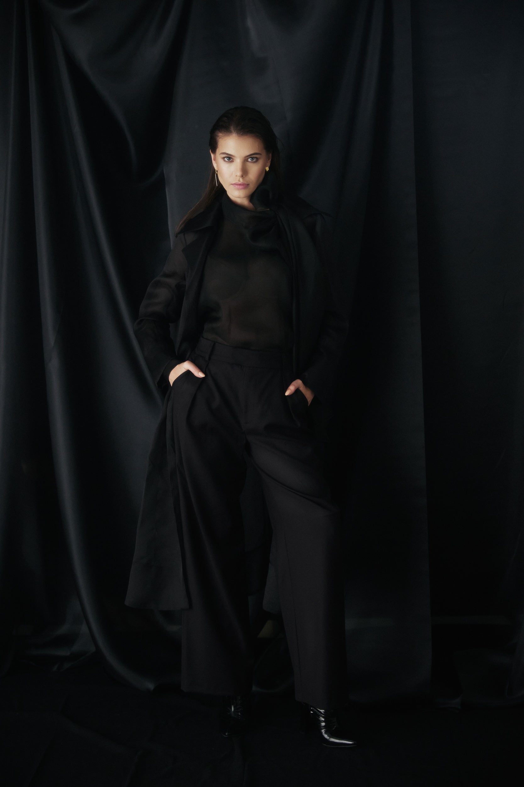 See through black organza trench coat