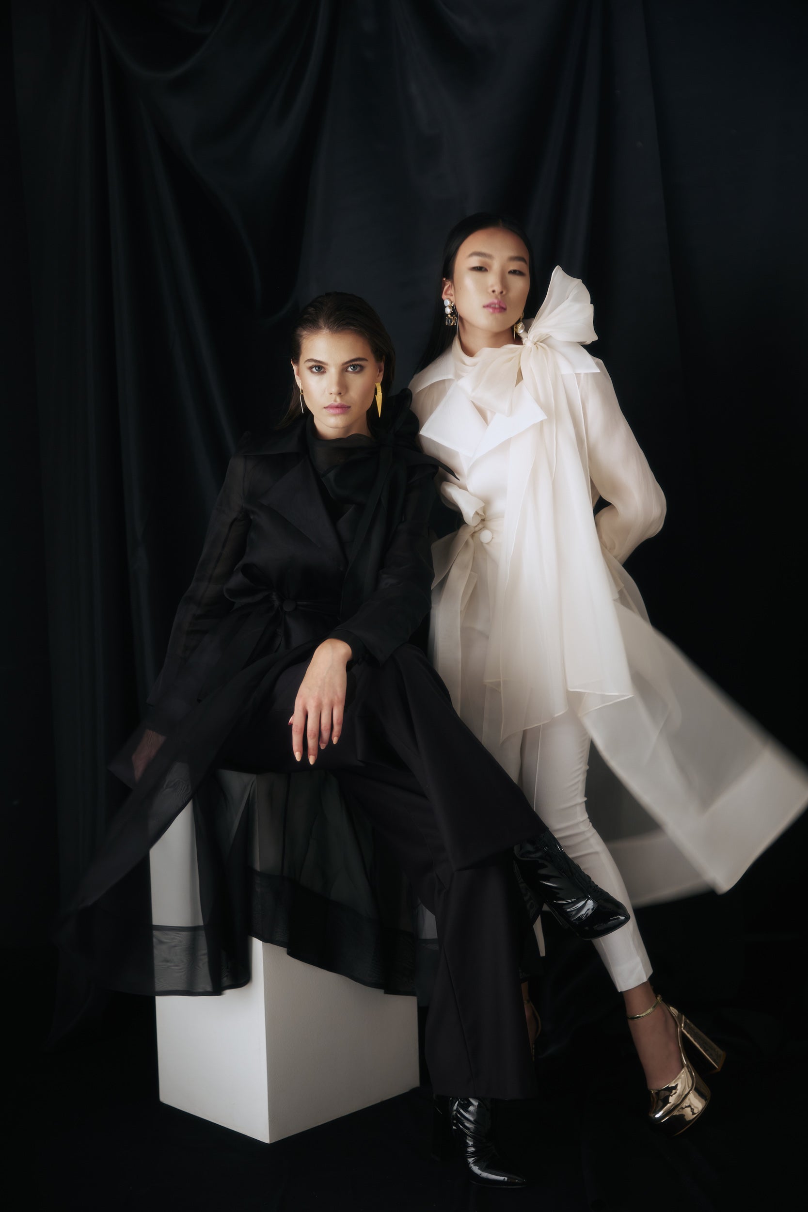 See through black organza trench dress