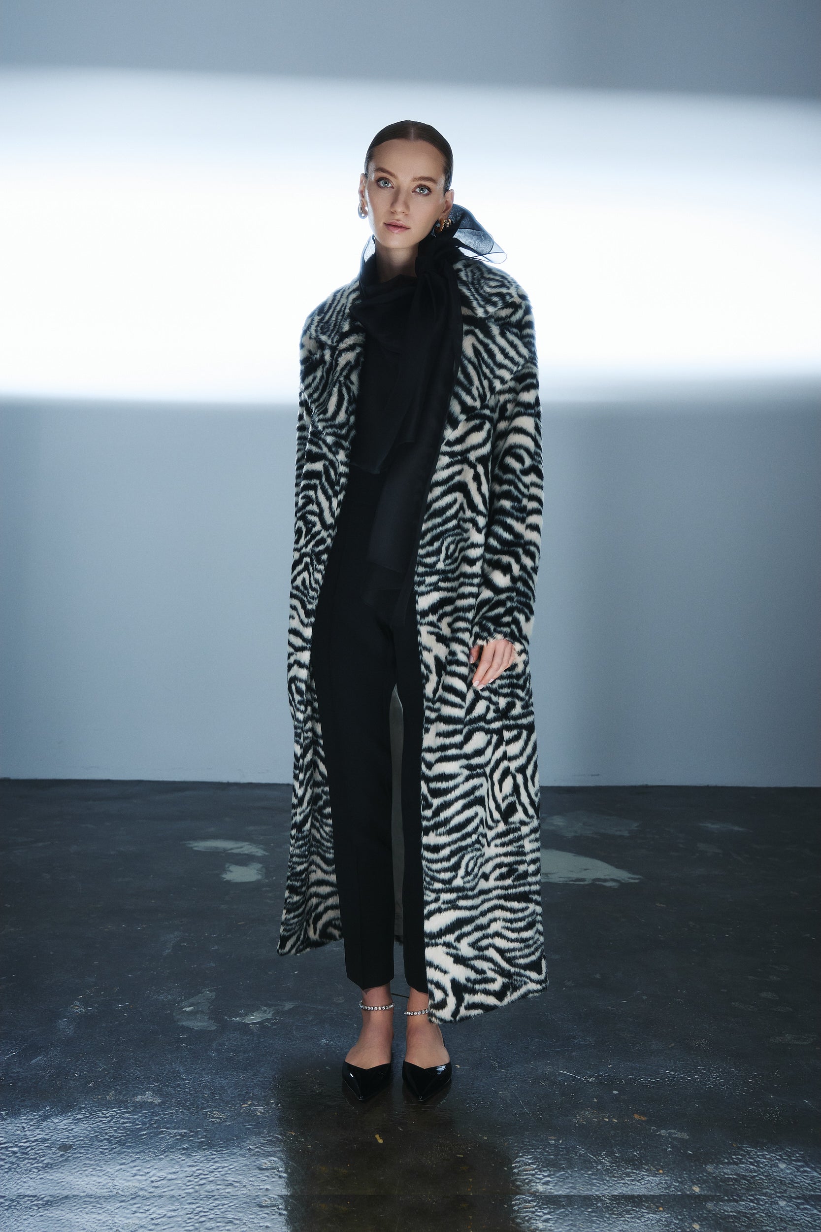Long faux fur coat in zebra print
