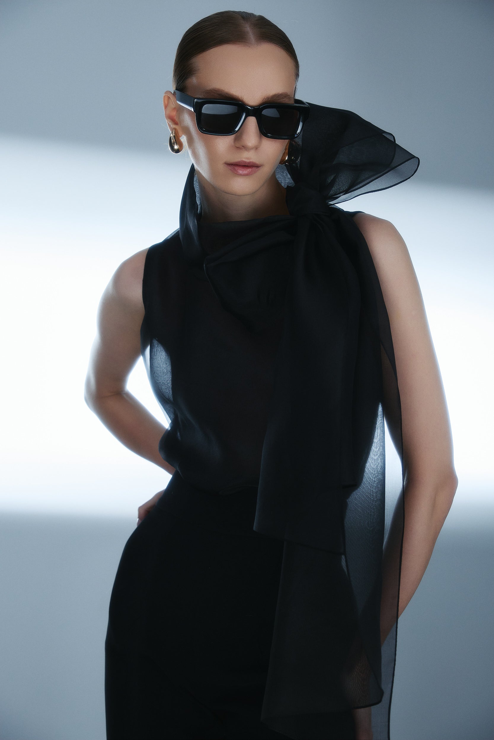 Short-Sleeve Flawless Black Bow Blouse