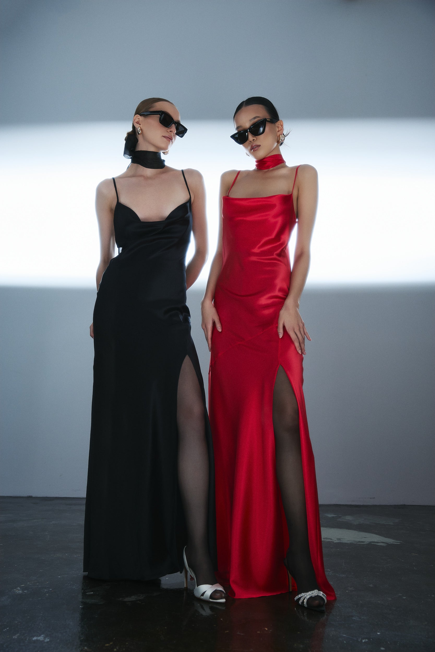 Floor-length satin dress in red