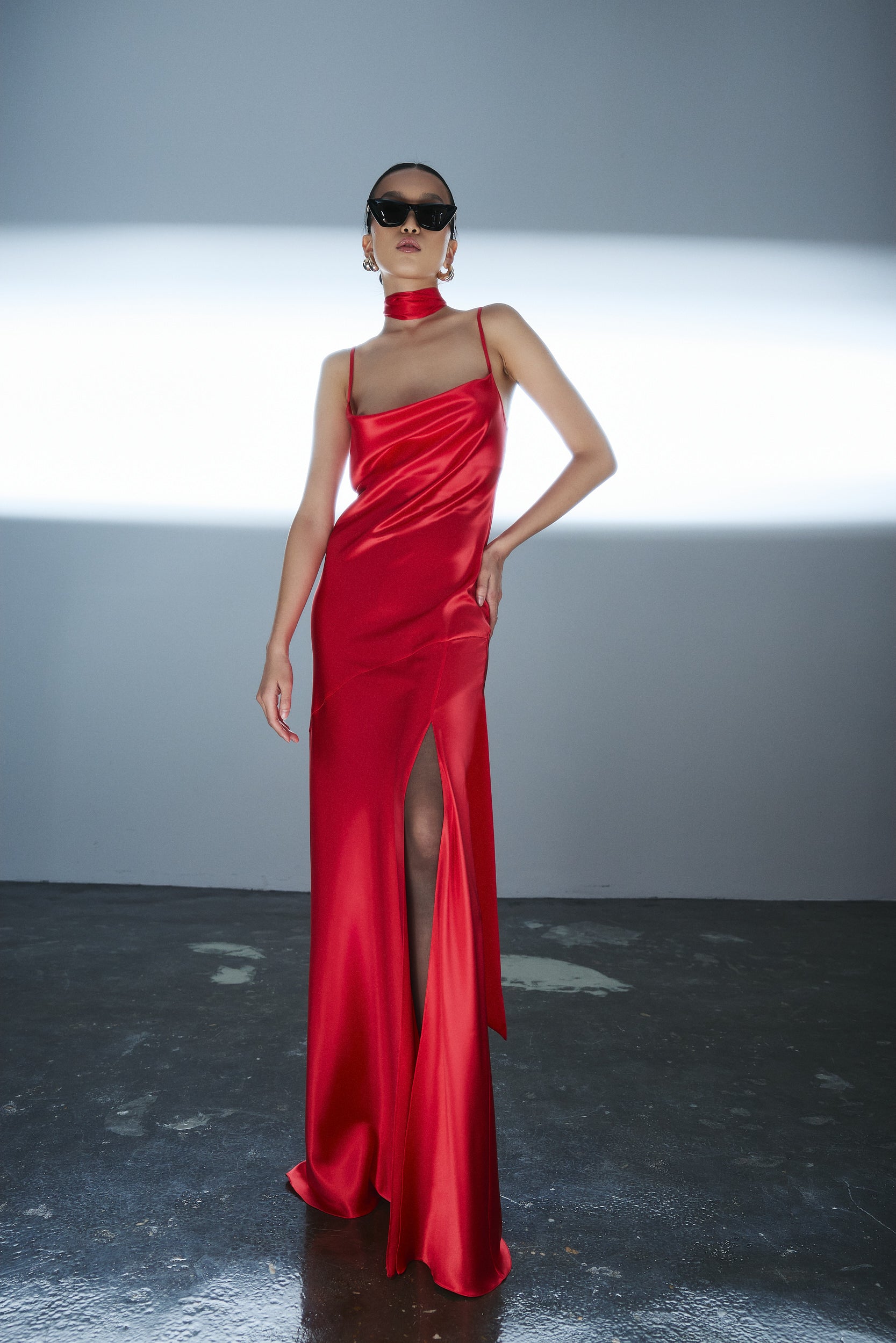 Floor-length satin dress in red