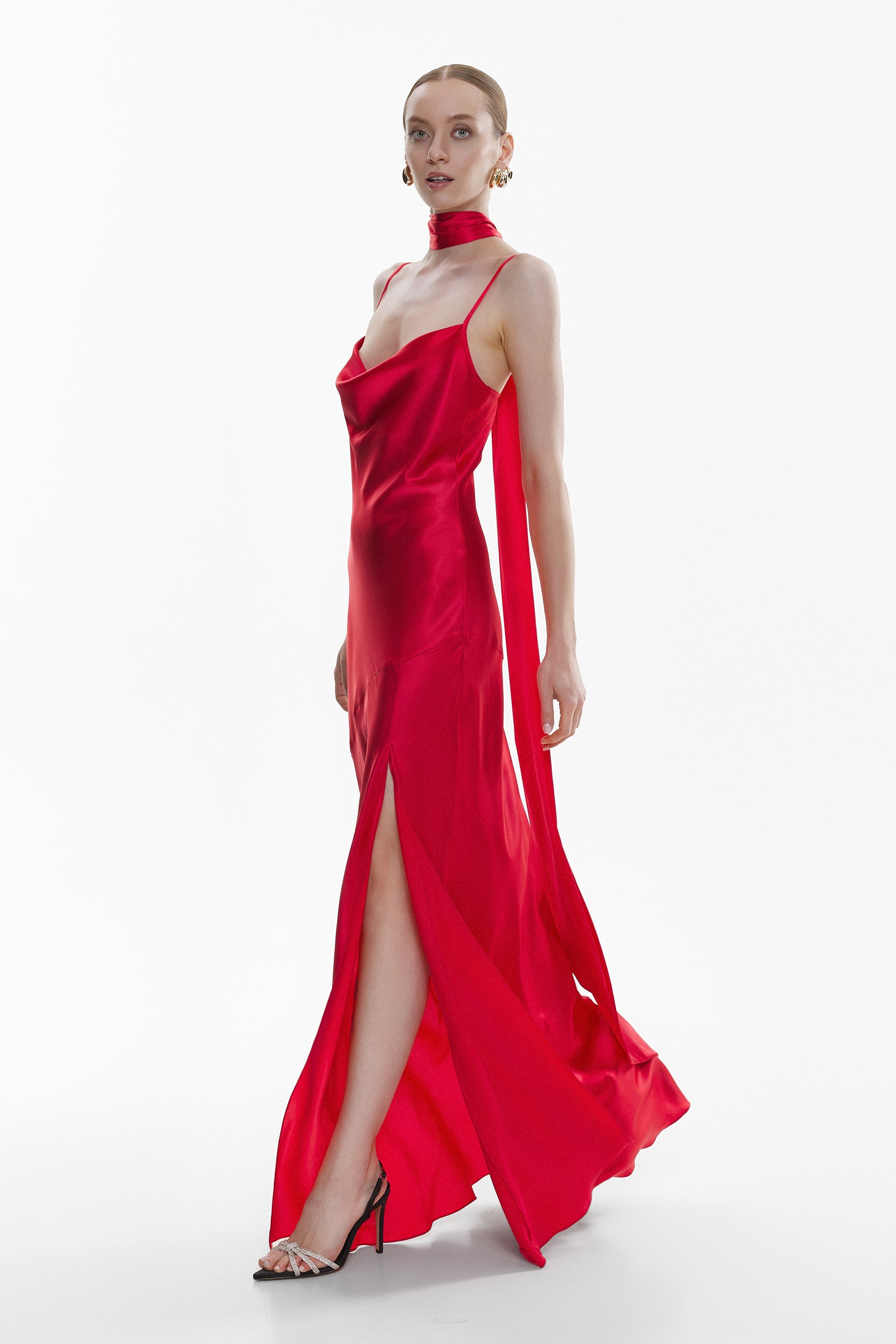 Floor-length satin dress in red