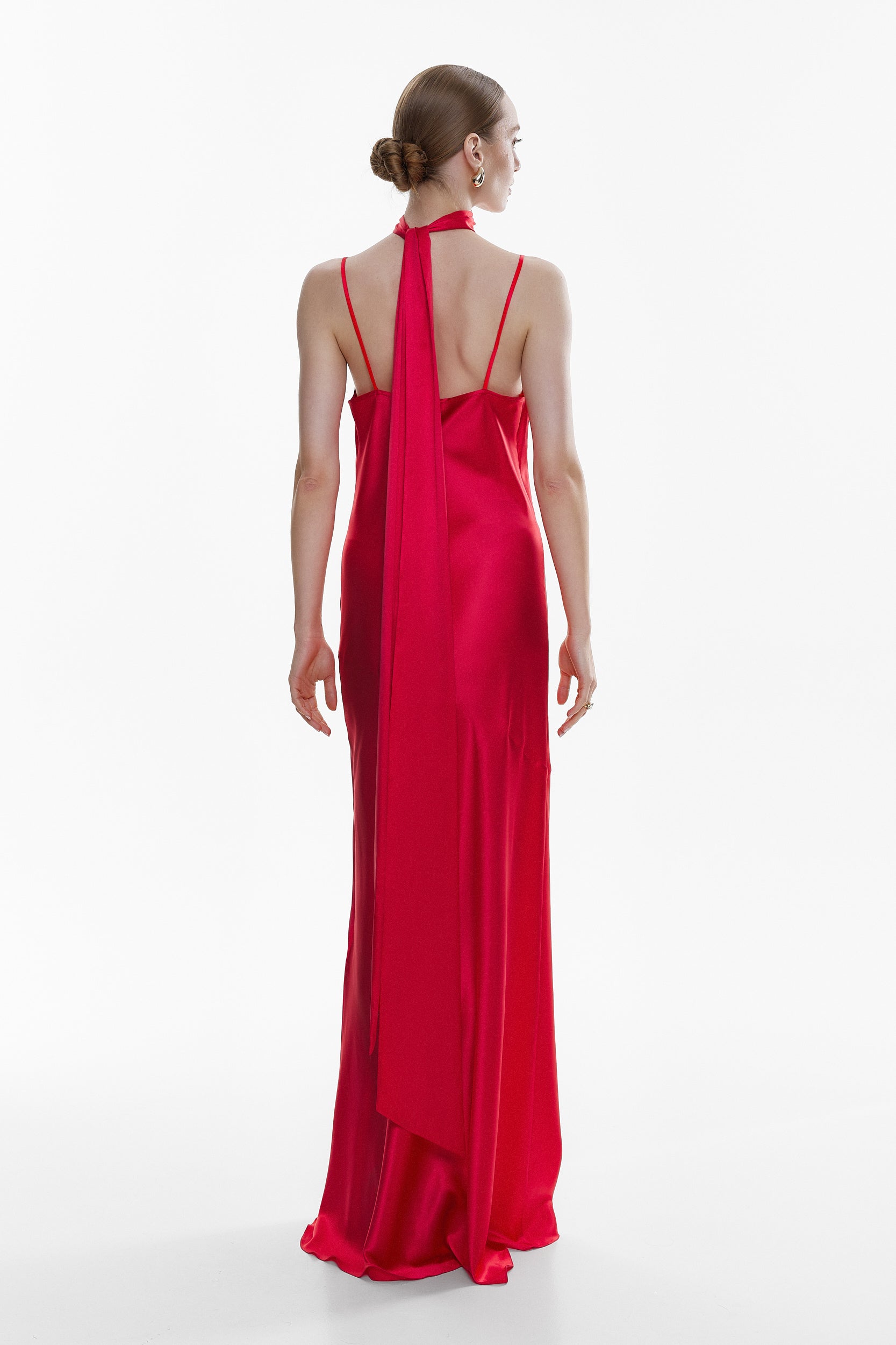 Floor-length satin dress in red