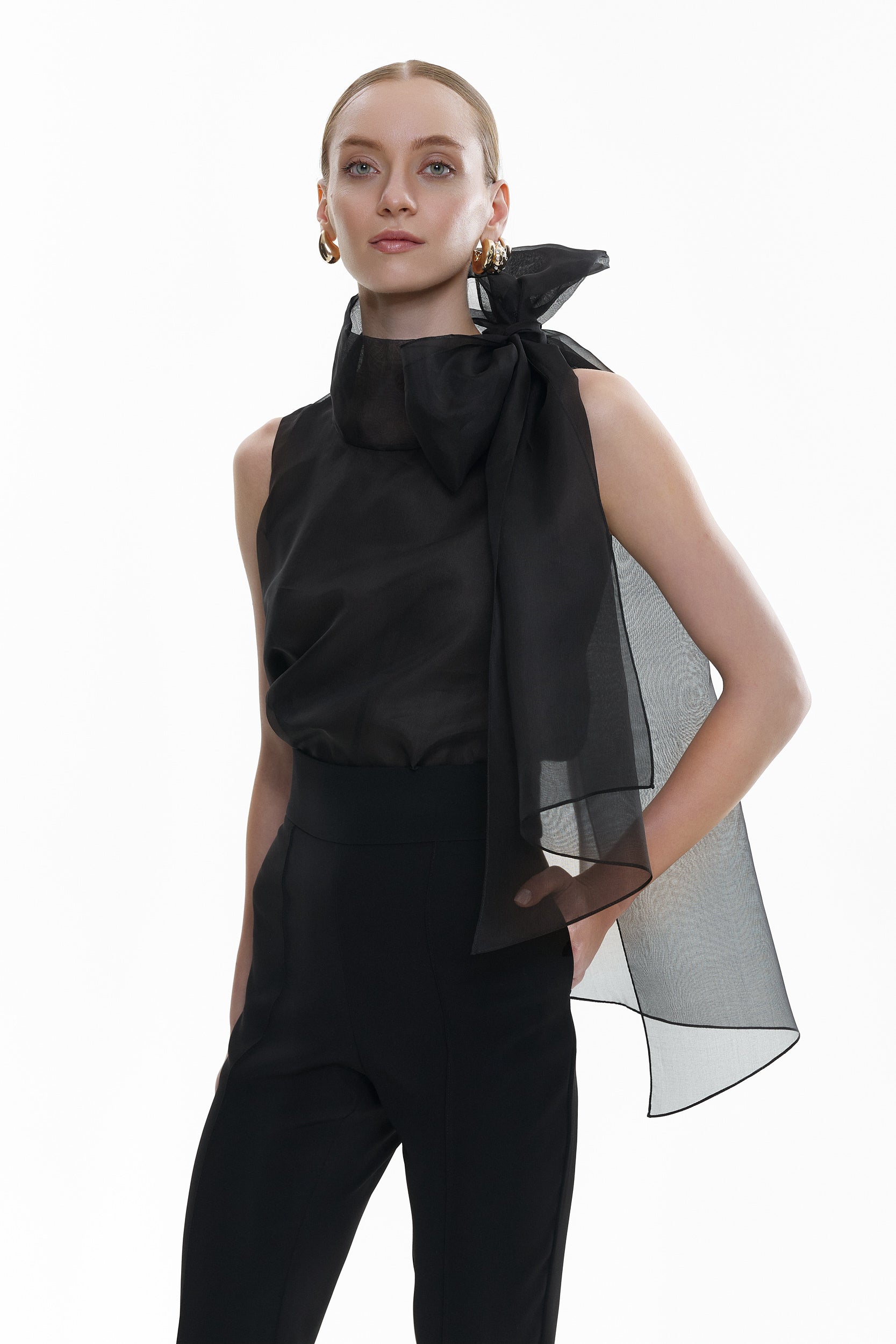 Short-Sleeve Flawless Black Bow Blouse