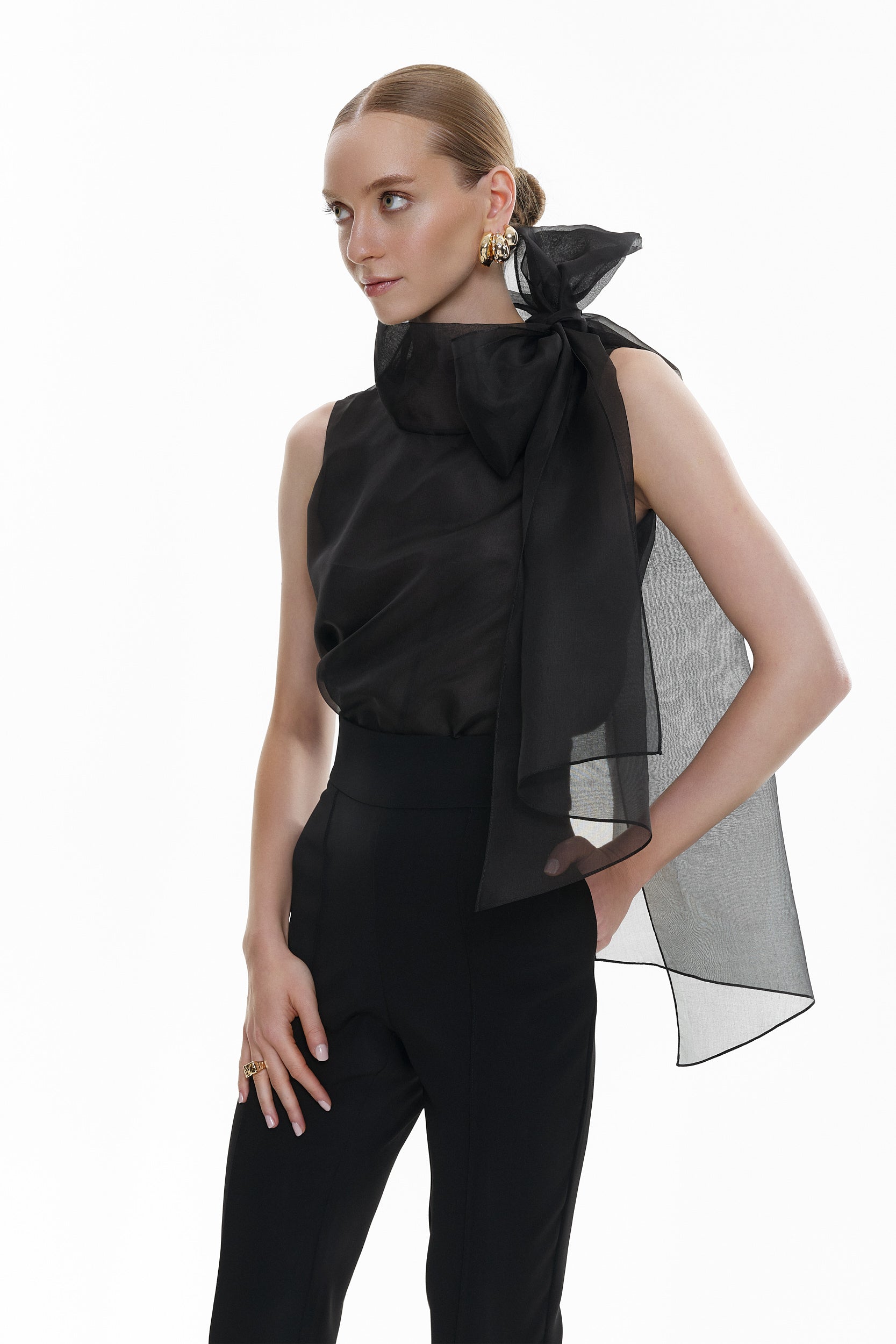 Short-Sleeve Flawless Black Bow Blouse