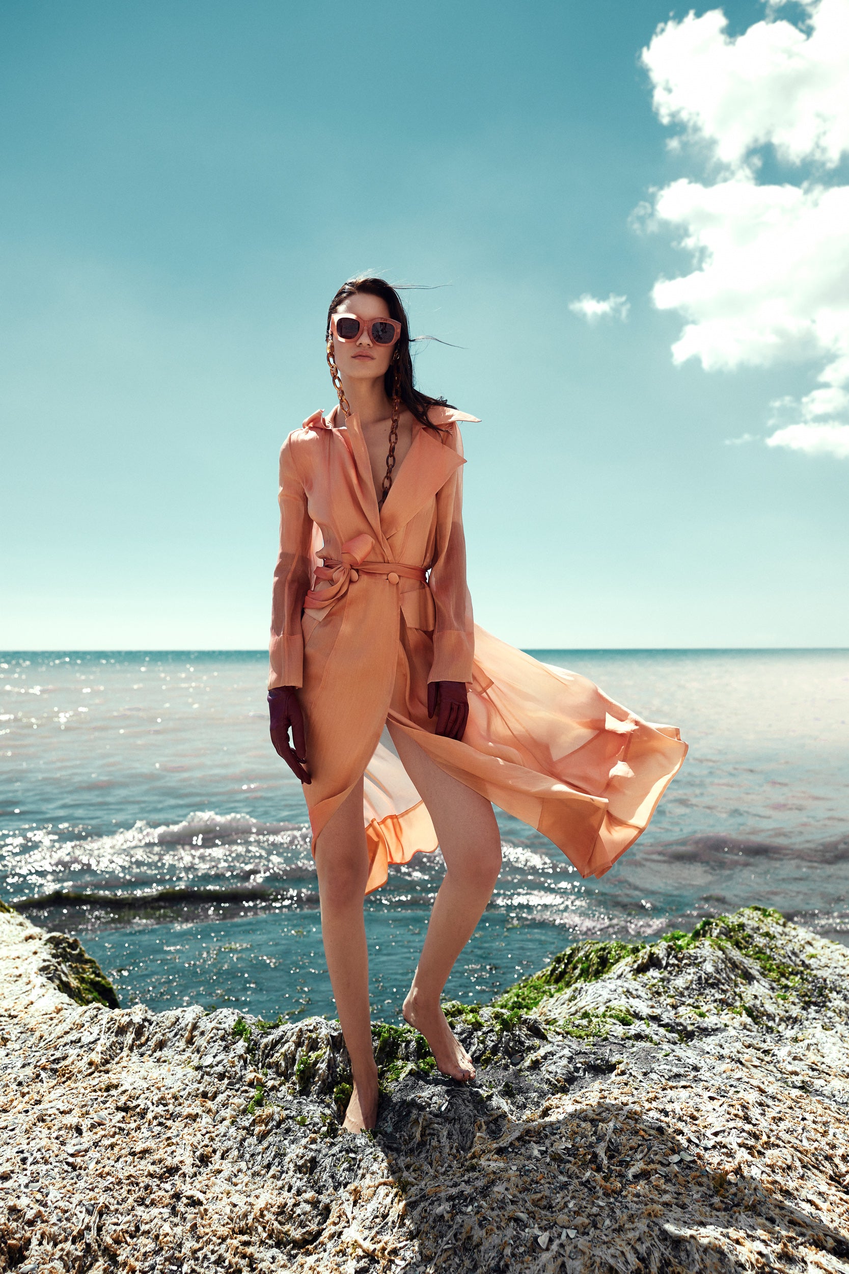 See Through Orange Organza Trench Coat
