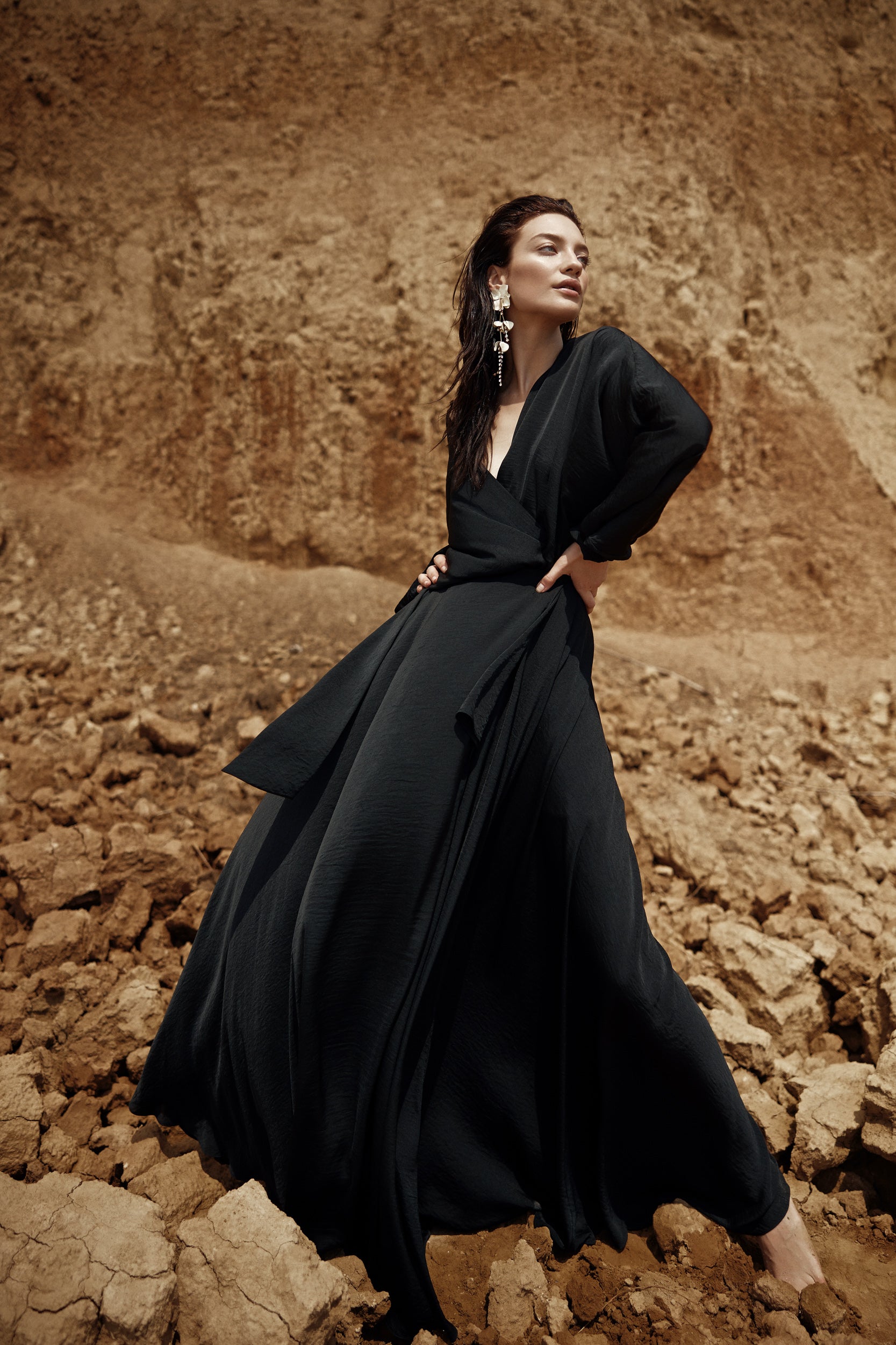 Balloon-sleeve black wrap dress