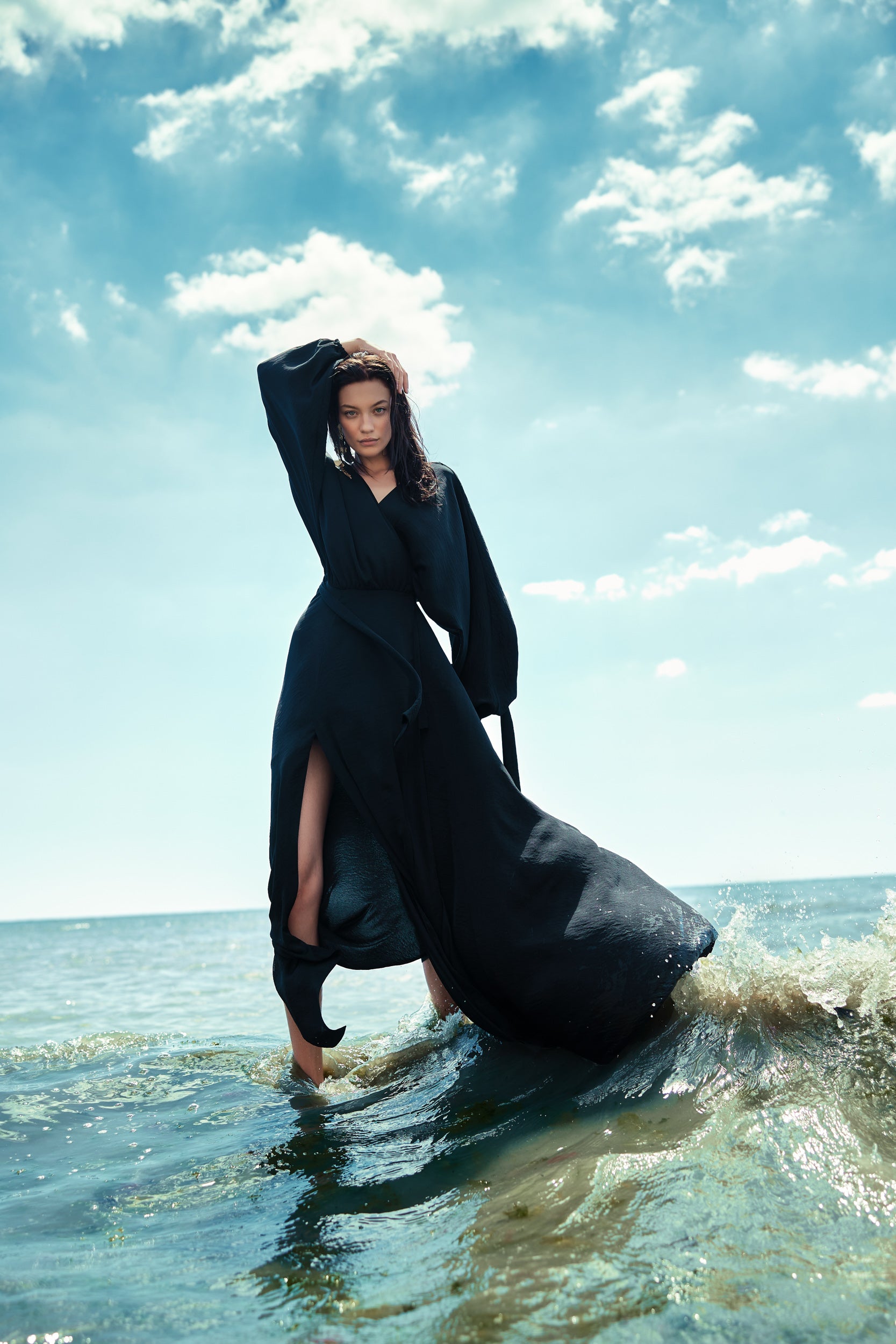Balloon-sleeve black wrap dress