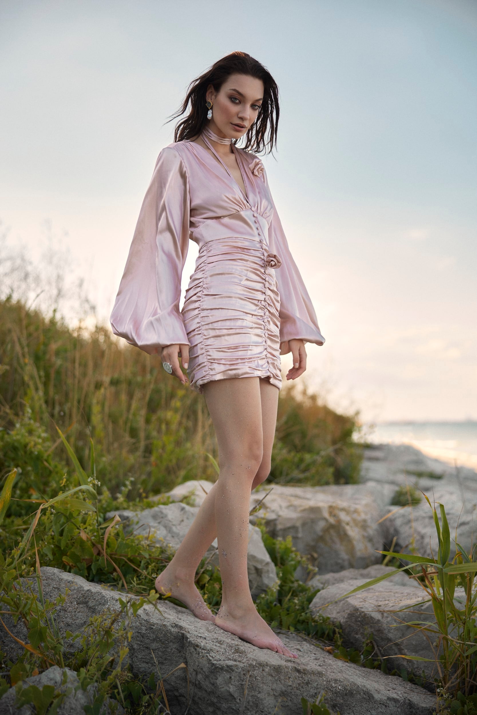 Ruched mini dress in pink satin