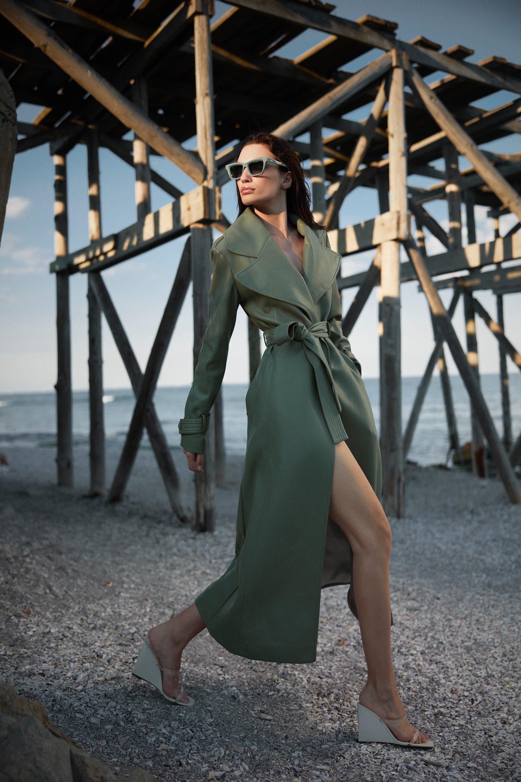 Vegan leather trench coat in green