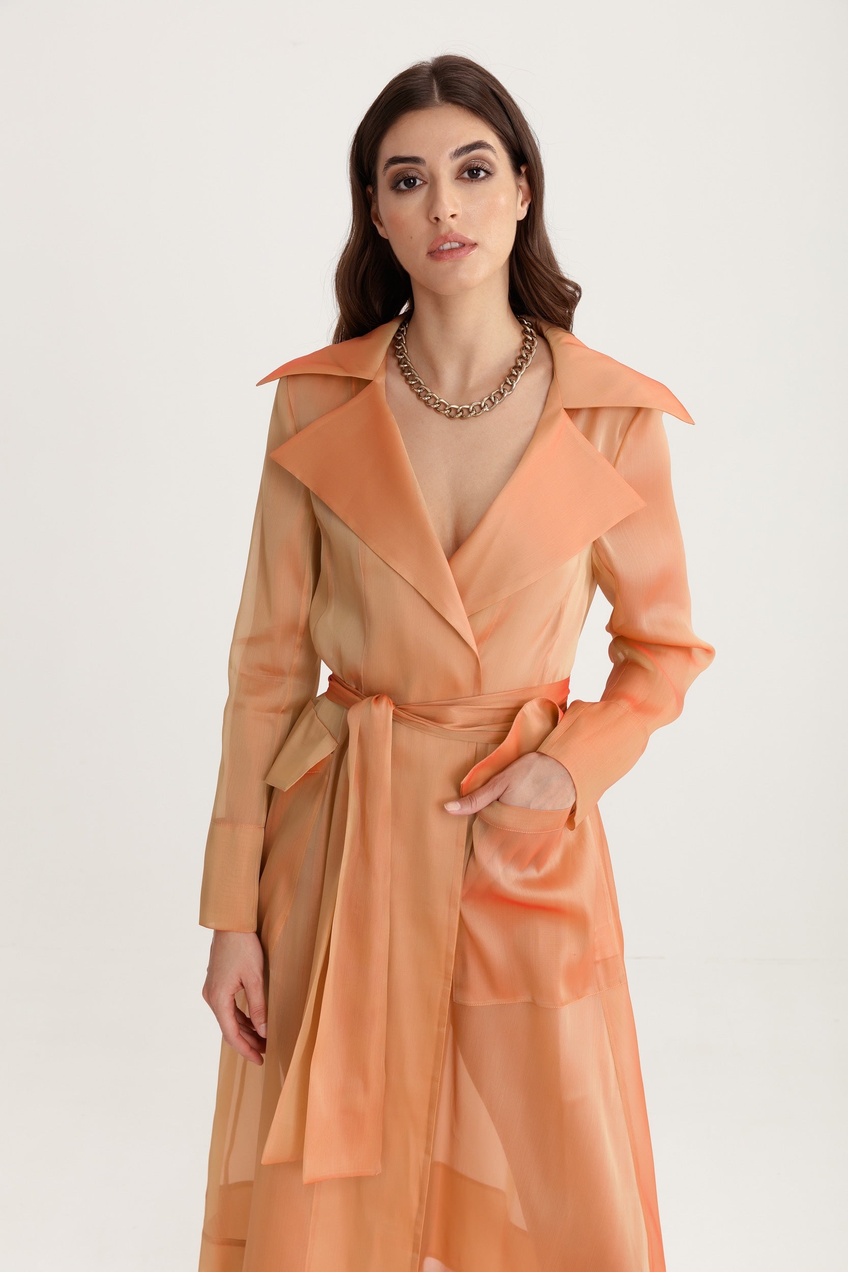See Through Orange Organza Trench Coat