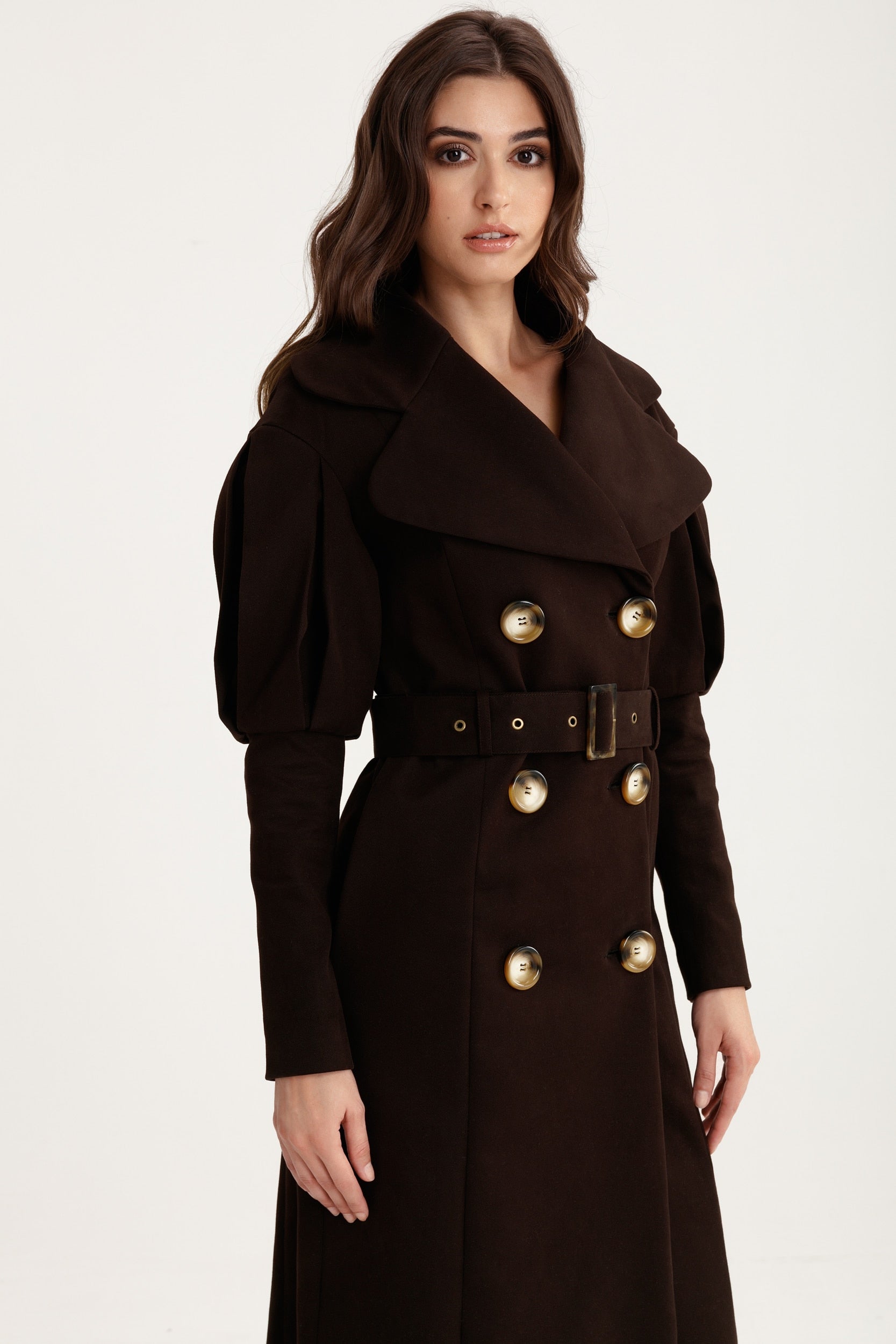 Statement pleated shoulders trench coat in chocolate brown
