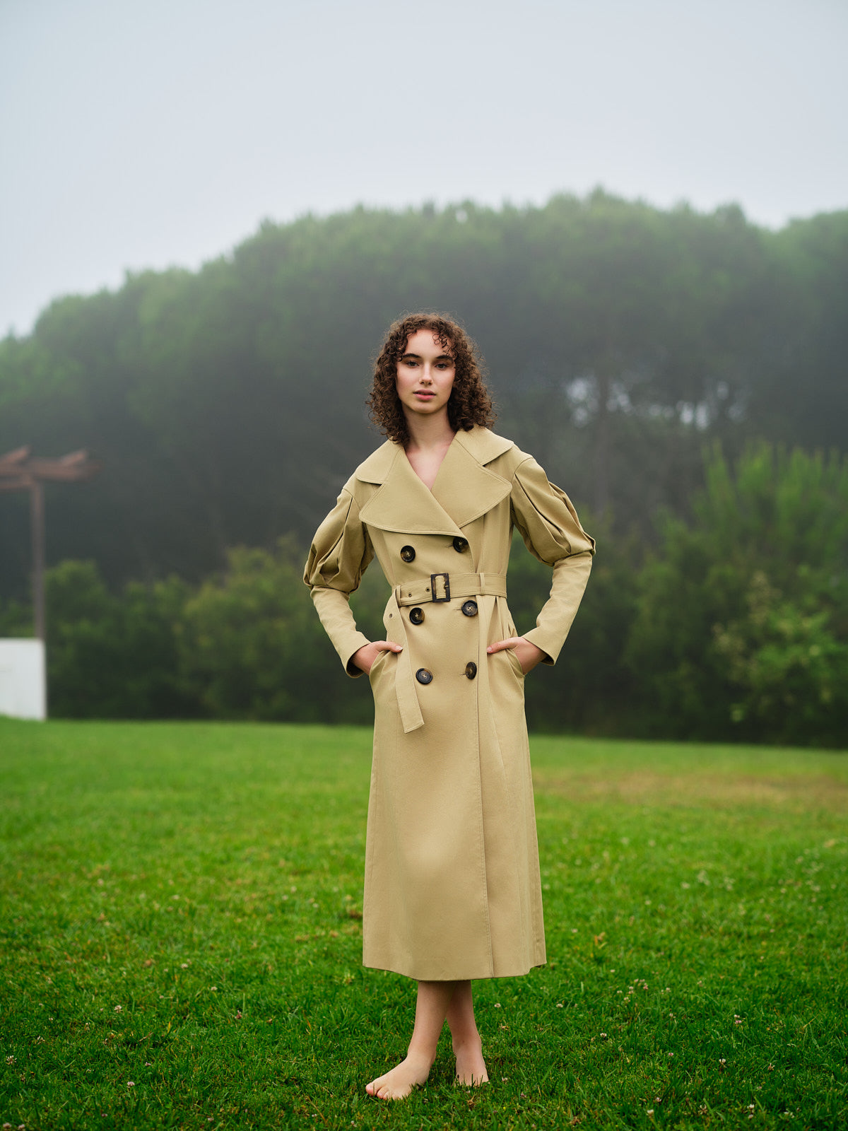 Statement pleated shoulders beige trench coat