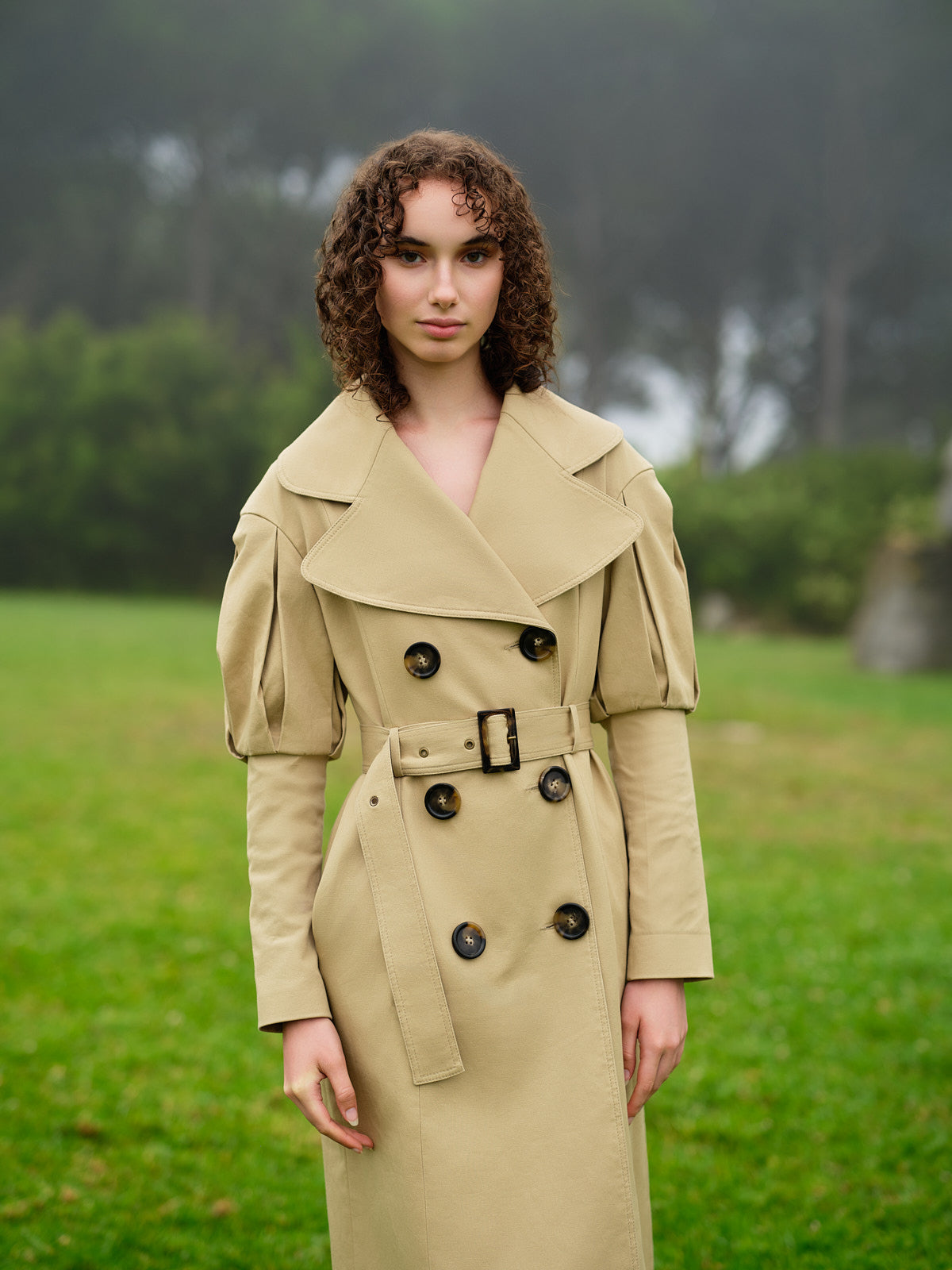 Statement pleated shoulders beige trench coat